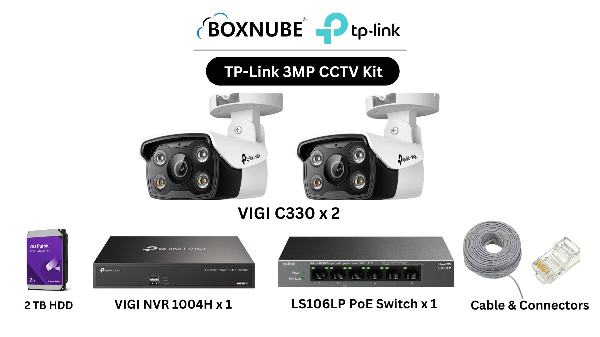 TP-Link VIGI 3MP Full HD 2 Camera Kit Bundle | 2 x VIGI C330, 1 x 4 Channel NVR, 1 x 4+2 Port PoE Switch with 100M CAT6 Cable & RJ45 Connectors