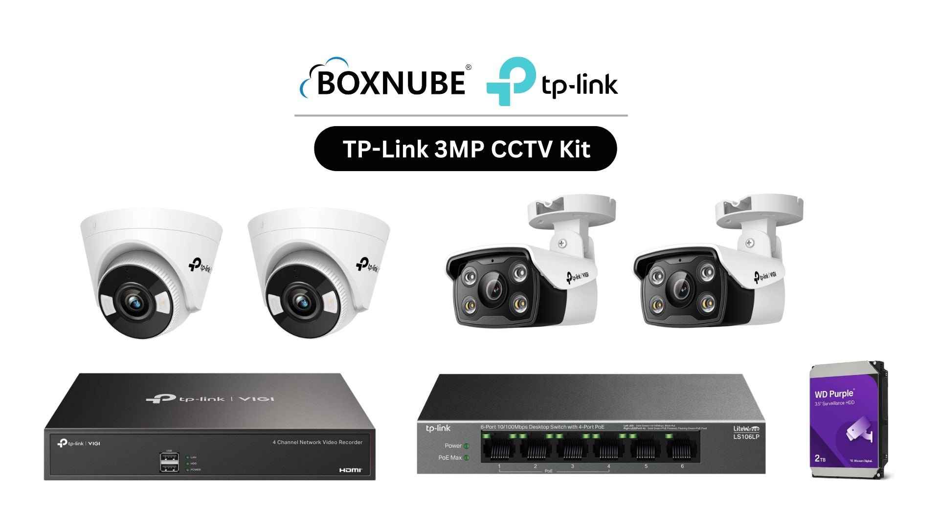 TP-Link VIGI 3MP Full HD 4 Camera Kit Bundle | 2 x VIGI C330, 2 x VIGI C430, 1 x 4 Channel NVR, 1 x 4 Port PoE Switch | Ideal for homes, shops