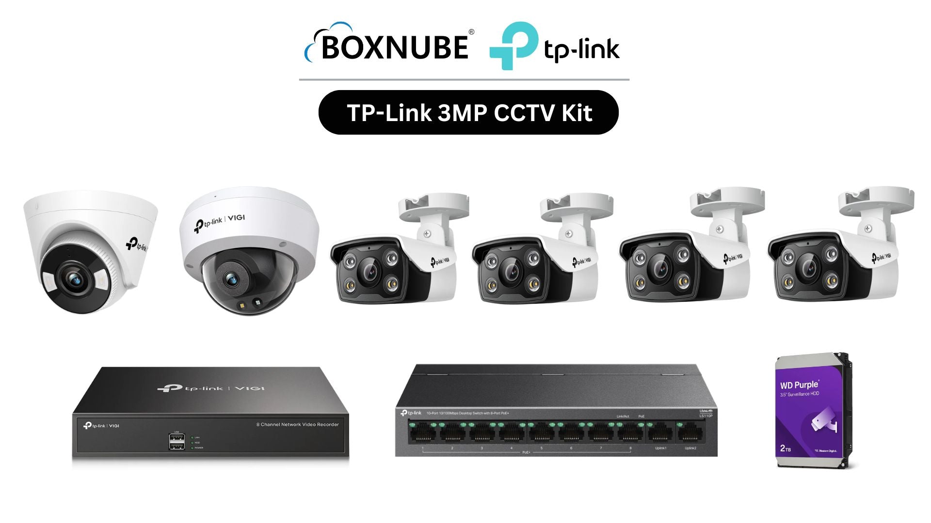 TP-Link VIGI 3MP Full HD 6 Camera Kit Bundle | 4 x VIGI C330 Bullet, 1 x VIGI C430 Turret, 1 x VIGI C230 Dome, 8 Channel NVR, 8 Port PoE Switch