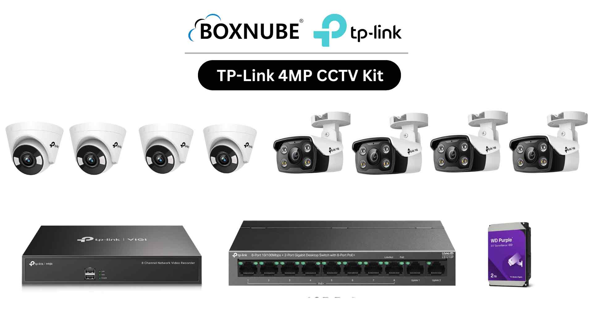 TP-Link VIGI 4MP Full HD 2-Way Audio 8 Camera Kit Bundle | 4 x VIGI C340 Bullet, 4 x VIGI C440 Turret, 8 Channel NVR, 8 Port PoE+ Switch