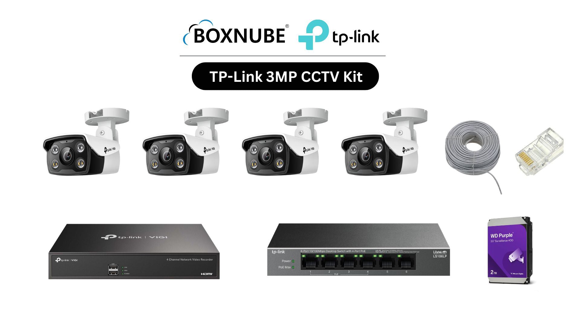 TP-Link VIGI 3MP Full HD 4 Camera Kit Bundle | 4 x VIGI C330, 1 x 4 Channel NVR, 1 x 4+2 Port PoE Switch with 100M CAT6 Cable, RJ45 Connectors