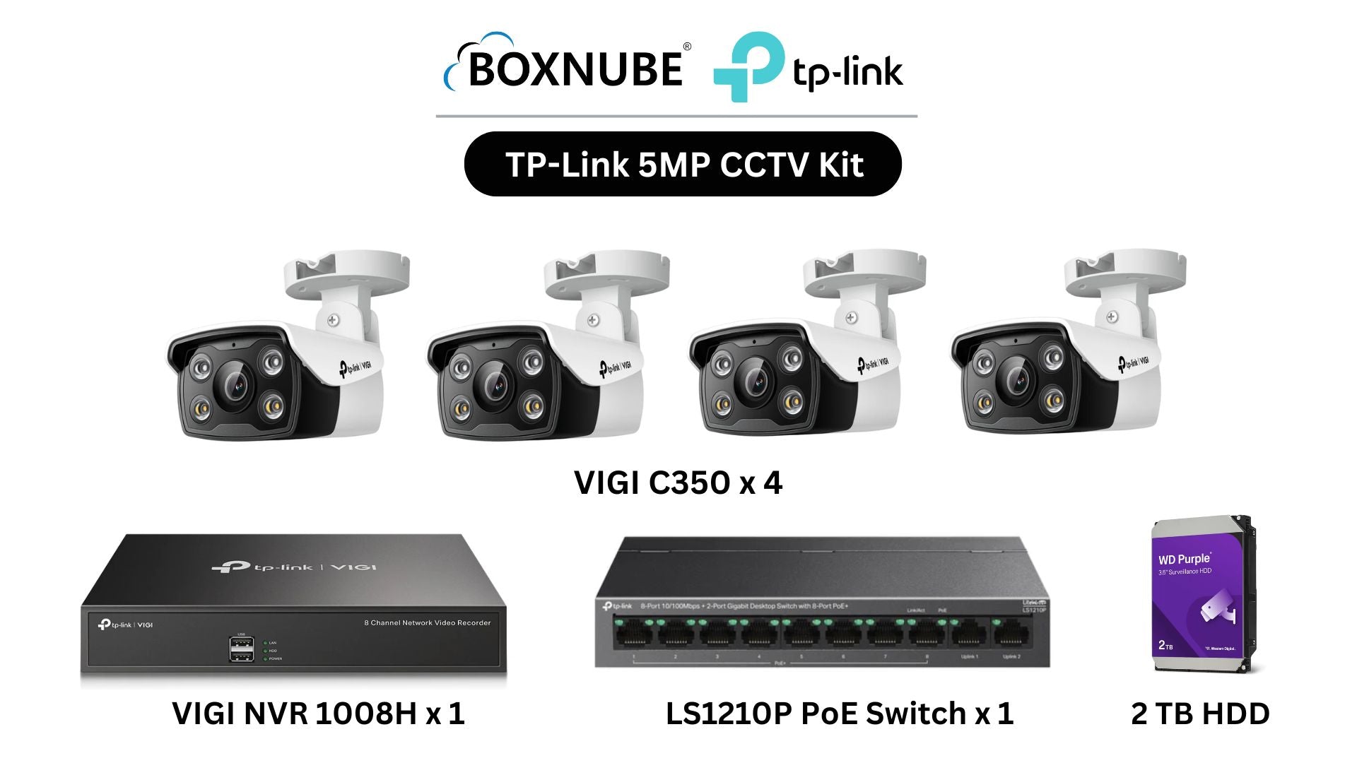 TP-Link VIGI 5MP Outdoor 4 Camera Kit Bundle | 4 x VIGI C350, 1 x 8 Channel NVR, 1 x 8+2 Port PoE Switch | With Brand Warranty