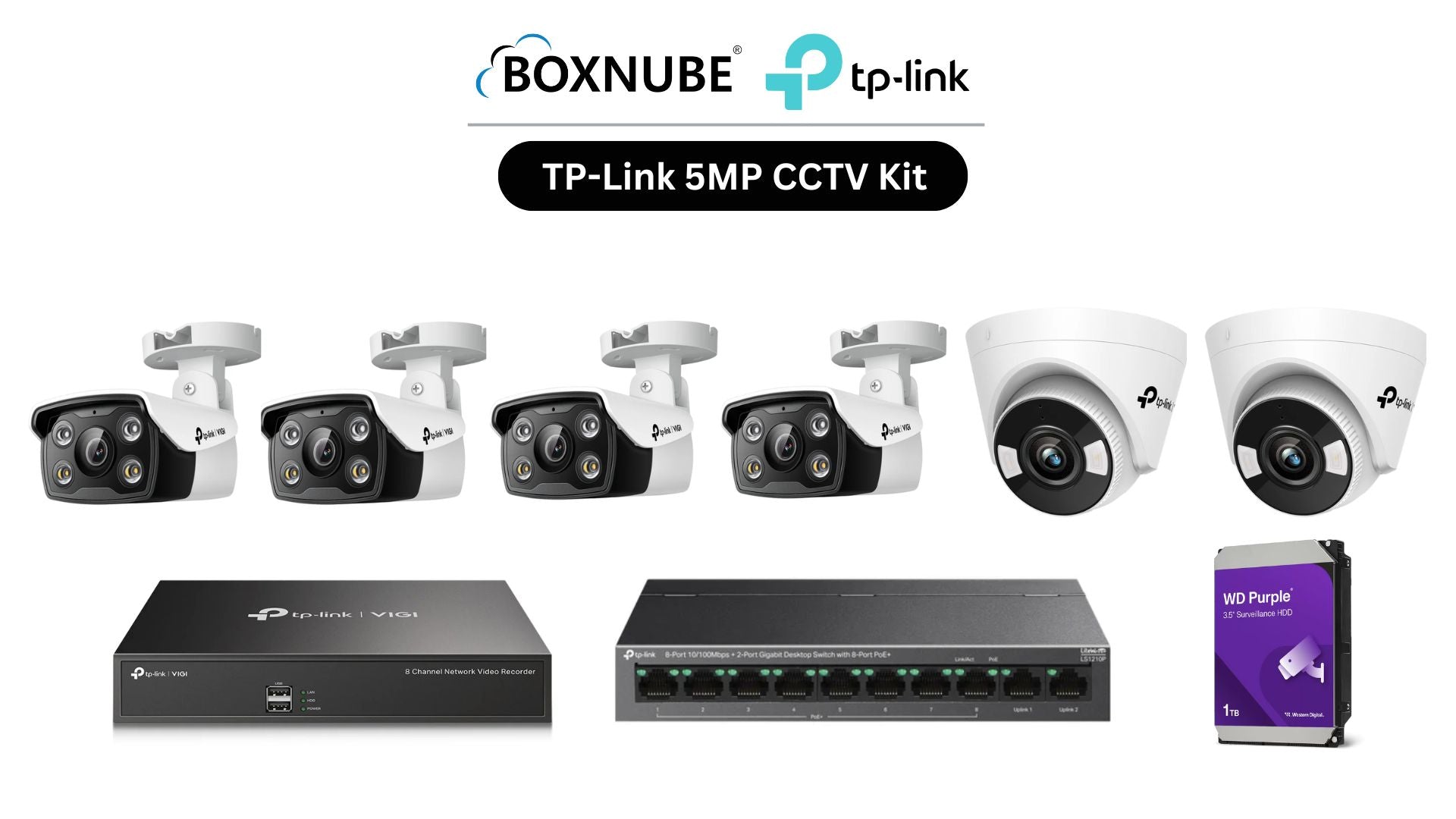 TP-Link VIGI 5MP 6 Camera Kit Bundle | 4 x C350, 2 x C450, 1 x 8 Channel NVR, 1 x 8+2 Port PoE Switch | 2-Way Audio, Alarm