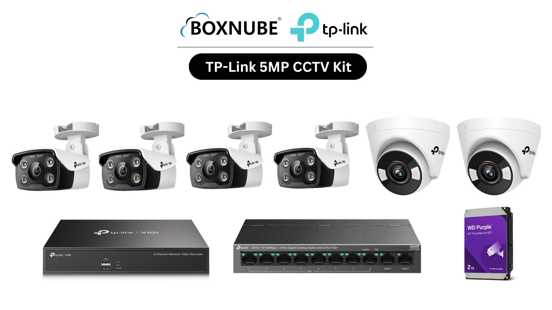 TP-Link VIGI 5MP 6 Camera Kit Bundle | 4 x C350, 2 x C450, 1 x 8 Channel NVR, 1 x 8+2 Port PoE Switch | 2-Way Audio, Alarm