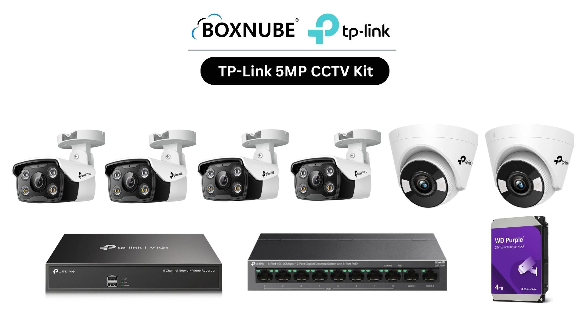 TP-Link VIGI 5MP 6 Camera Kit Bundle | 4 x C350, 2 x C450, 1 x 8 Channel NVR, 1 x 8+2 Port PoE Switch | 2-Way Audio, Alarm
