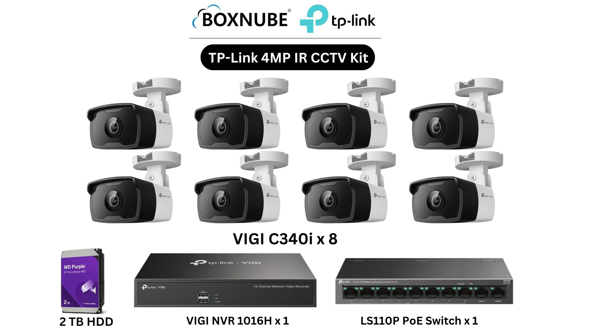 TP-Link VIGI 4MP IR Full HD 8 Camera Kit Bundle | 8 x VIGI C340i, 1 x 16 Channel NVR, 1 x 8+2 Port PoE Switch | Ideal for homes, shops, small offices