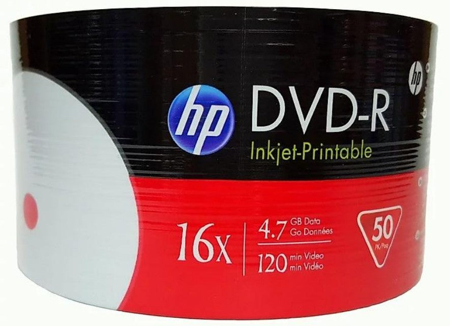 HP DVD-R 4.7GB InkJet Printable Recordable Blank DVD Shrink Wrap 16x Speed | 4.7 GB, IJP, White Surface, DMA00070-WIP (Pack of 50)