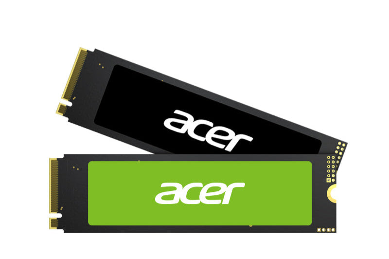 An Acer FA100 NVME SSD with a black and green heat sink, showcasing the drive's design and the brand logo.