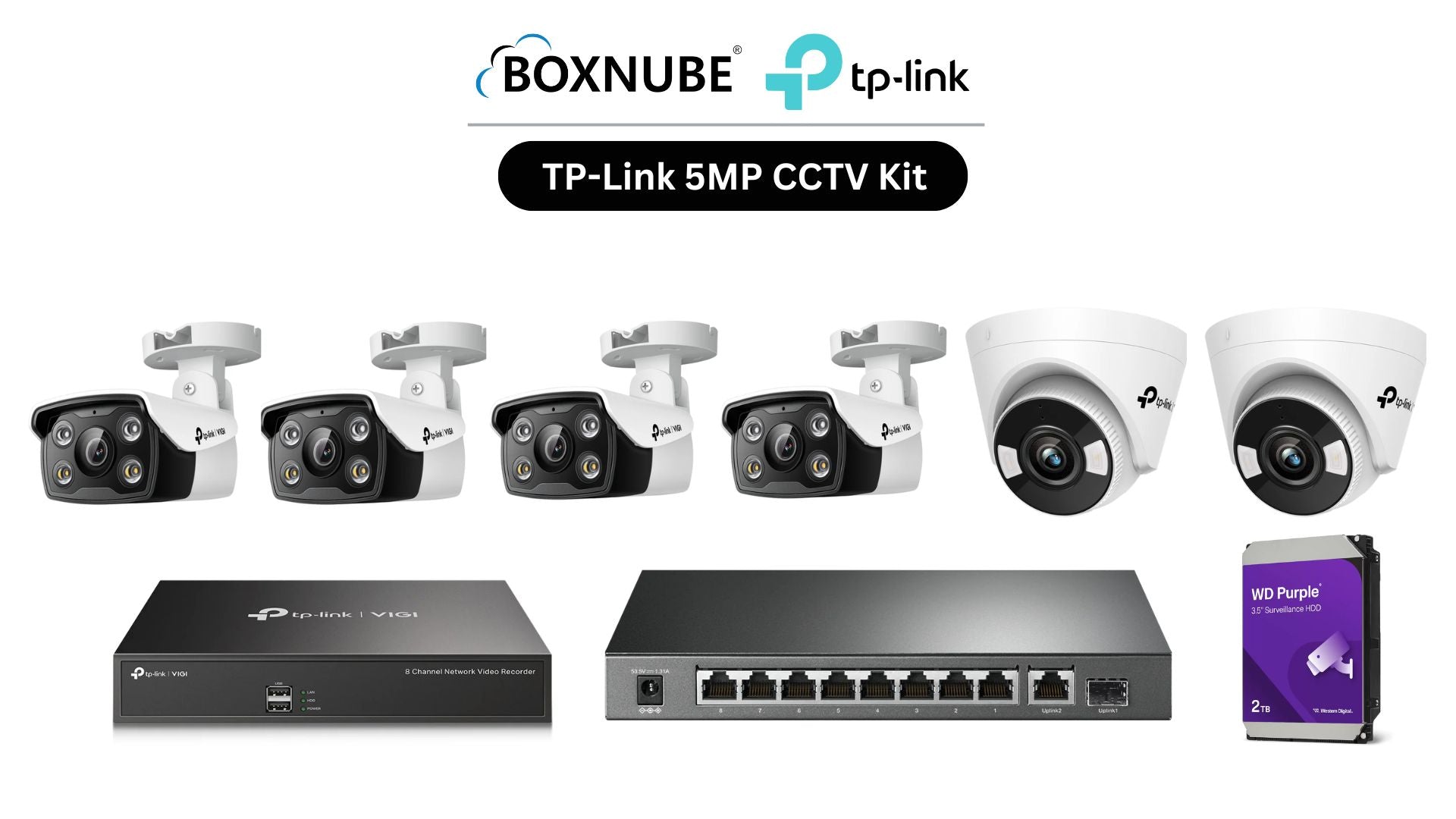 TP-Link VIGI 5MP 6 Camera Kit Bundle | 4 x C350, 2 x C450, 1 x 8 Channel NVR, 1 x 8+2 Port PoE Switch | 2-Way Audio, Alarm