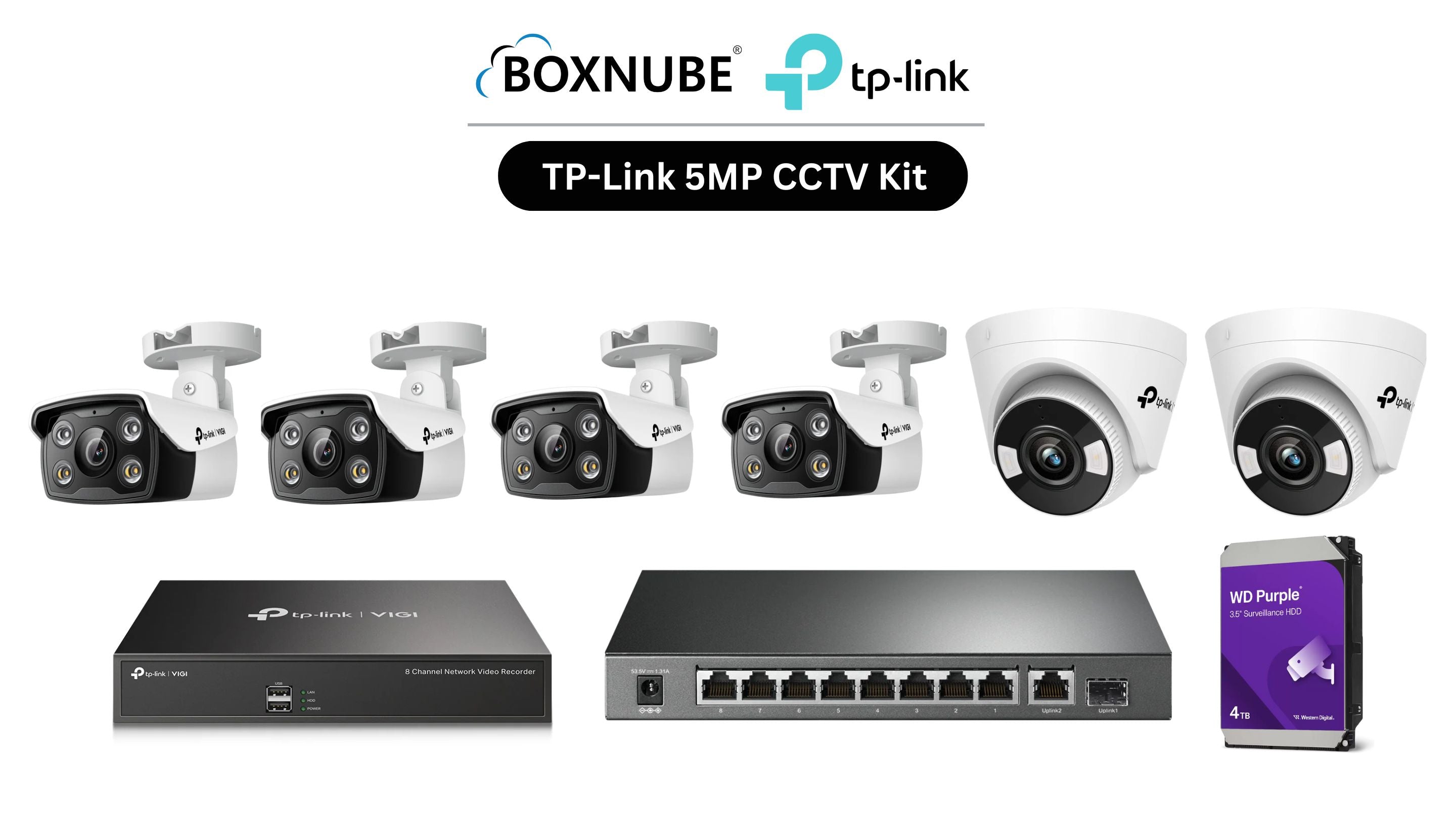 TP-Link VIGI 5MP 6 Camera Kit Bundle | 4 x C350, 2 x C450, 1 x 8 Channel NVR, 1 x 8+2 Port PoE Switch | 2-Way Audio, Alarm