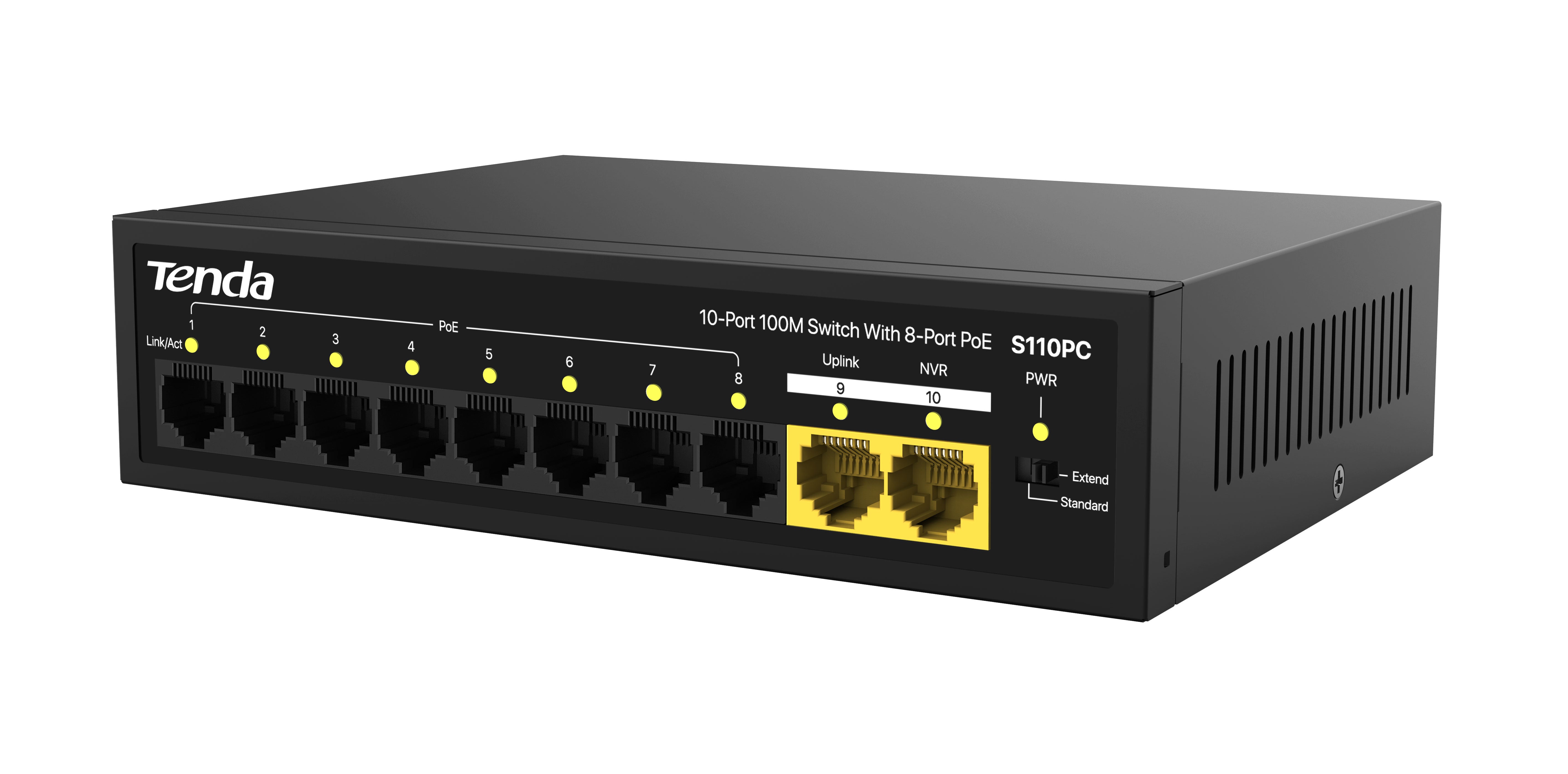 Tenda S110PC 10-Port 100M Lite PoE Switch with 8-Port PoE | 80W PoE Budget | Desktop / Wall Mounting Supported | 4KV lighting protection