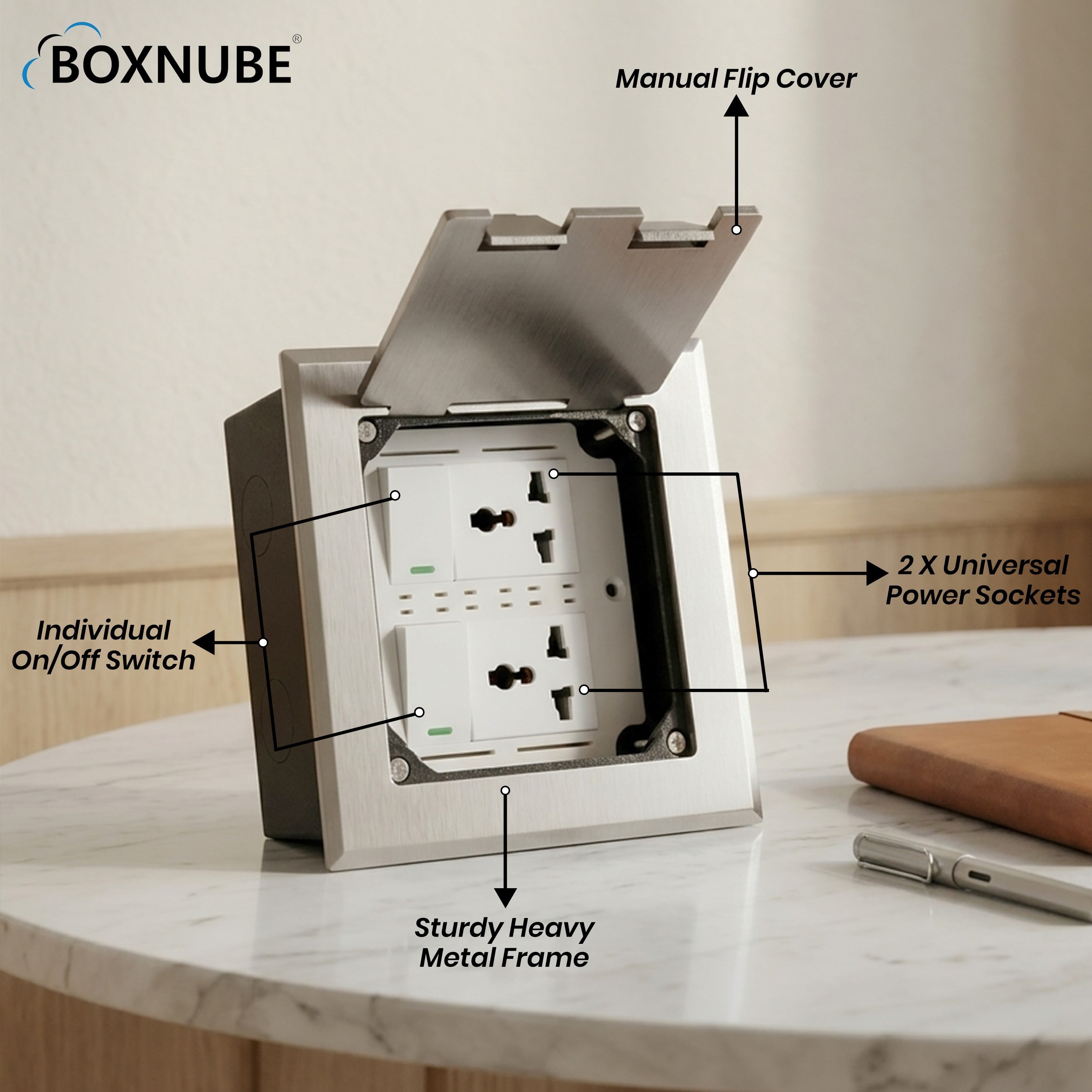 BOXNUBE Floor Cable Cubby - 2 Universal Power Sockets with 2 Switches, Flush Mount Floor Outlet Box, Heavy Duty Metal Frame with Manual Flip Cover for Offices
