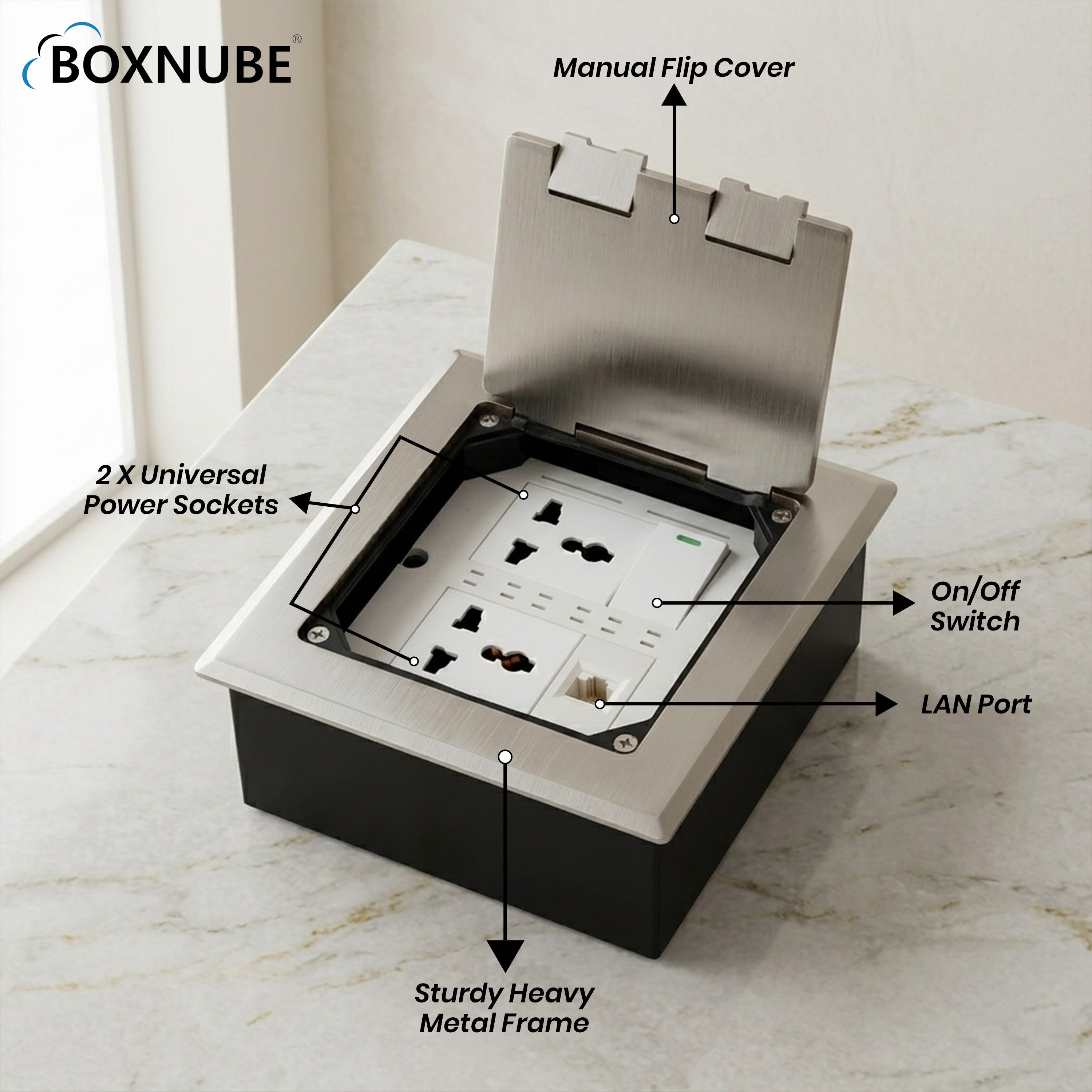 BOXNUBE Floor Cable Cubby with 2 Universal Power Sockets, 1 Switch, 1 RJ45 LAN Port, Flush Mount Floor Outlet Box, Heavy-Duty Metal Flip Cover for Offices