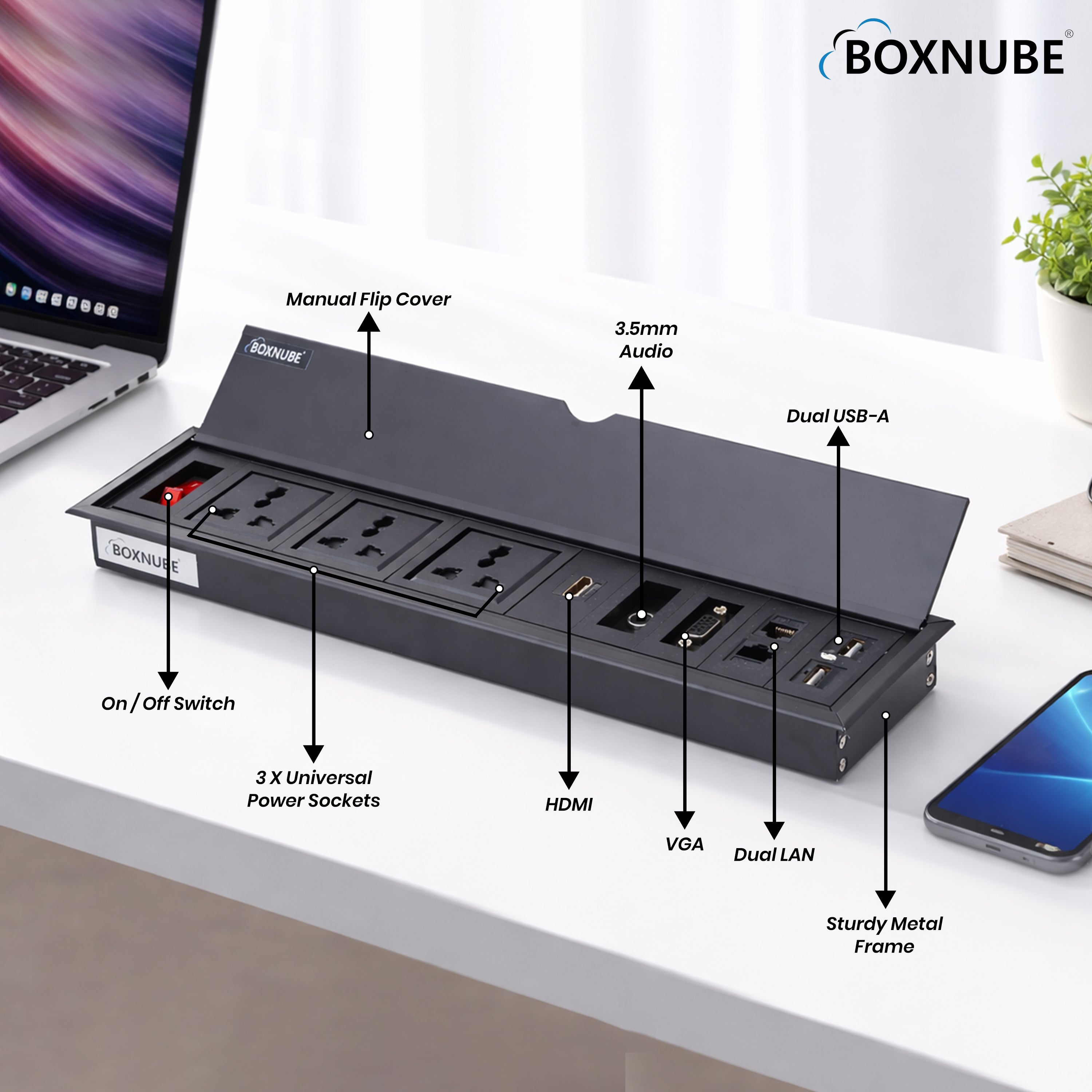 BOXNUBE Fliptop Box Cable Cubby Extension Board with On/Off Switch, Universal Power Sockets, LAN , HDMI , VGA , Aux , USB-A Ports