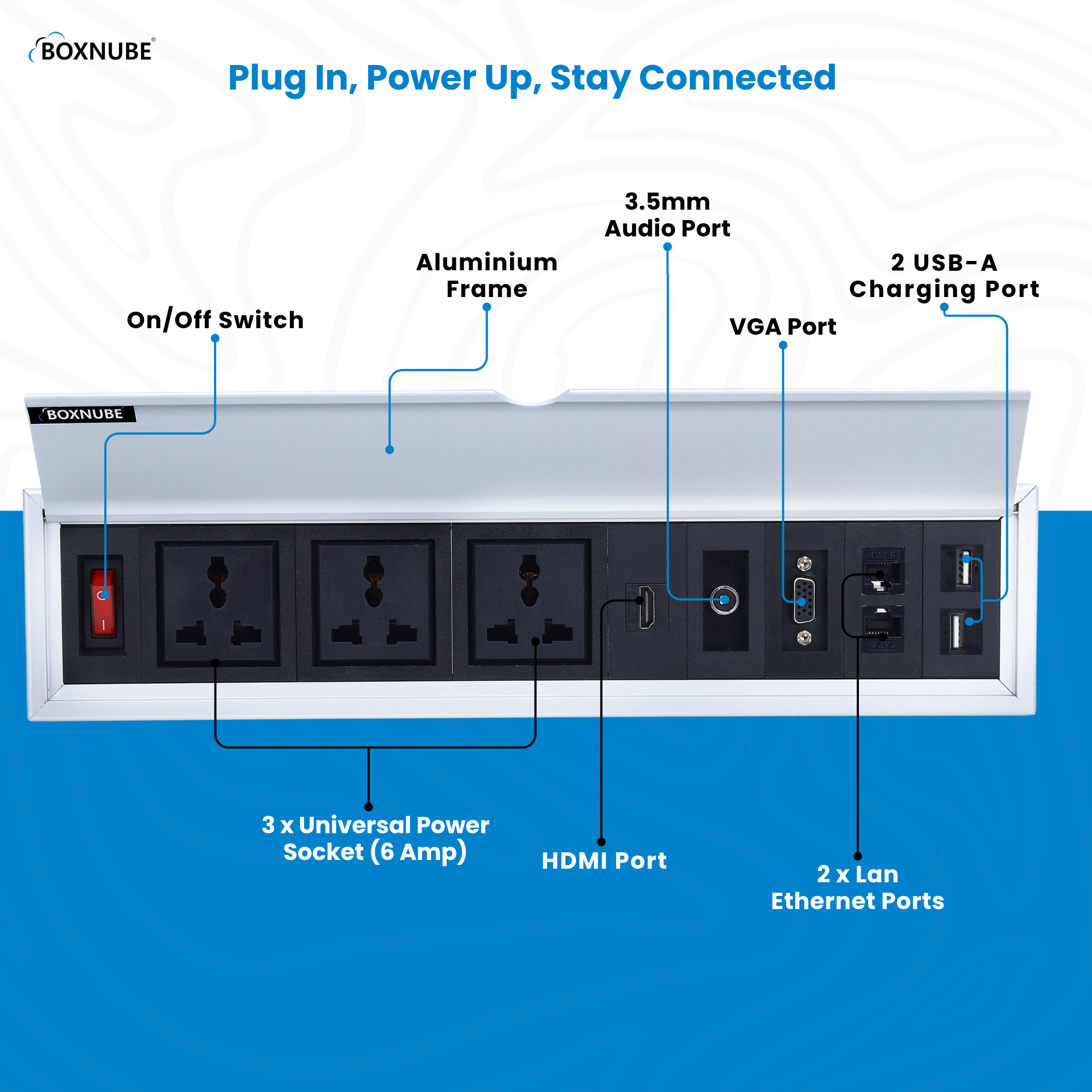 BOXNUBE Fliptop Box Cable Cubby Extension Board with Universal Power Sockets, LAN, HDMI, VGA, Aux, USB-A & USB-C Type C Ports (Silver)