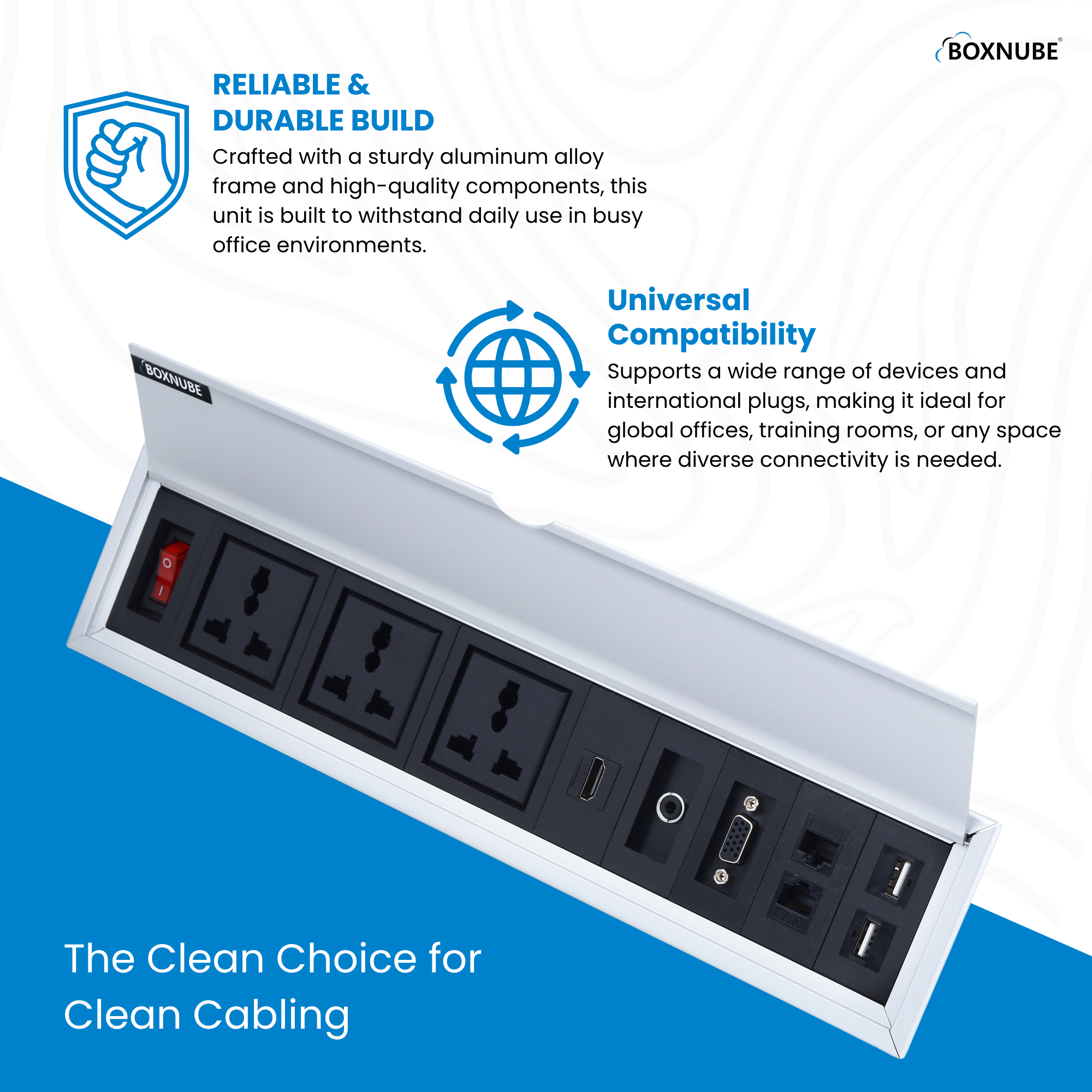 BOXNUBE Fliptop Box Cable Cubby Extension Board with Universal Power Sockets, LAN, HDMI, VGA, Aux, USB-A & USB-C Type C Ports (Silver)