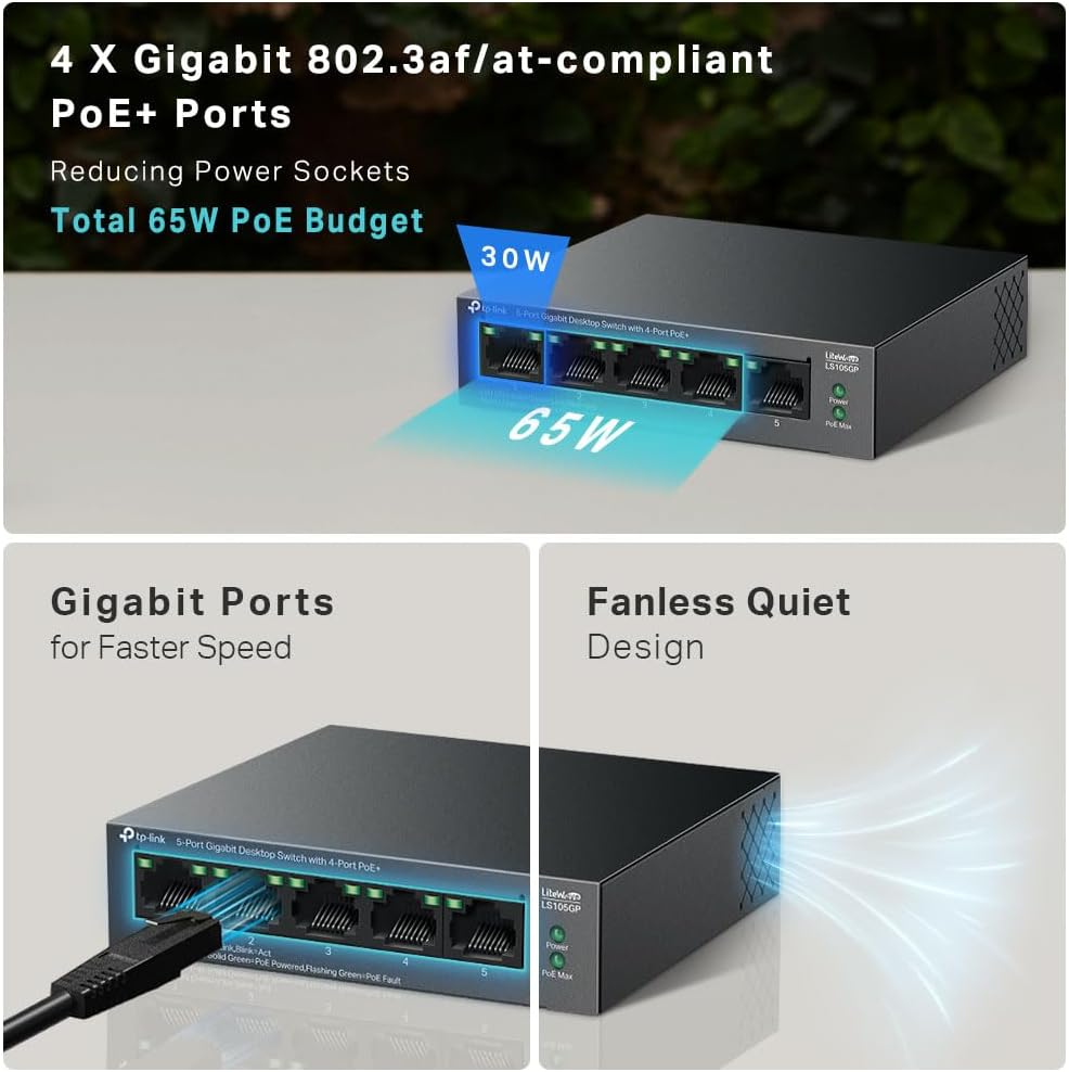 TP-Link LS105GP 5-Port Gigabit Desktop Switch with 4-Port PoE+