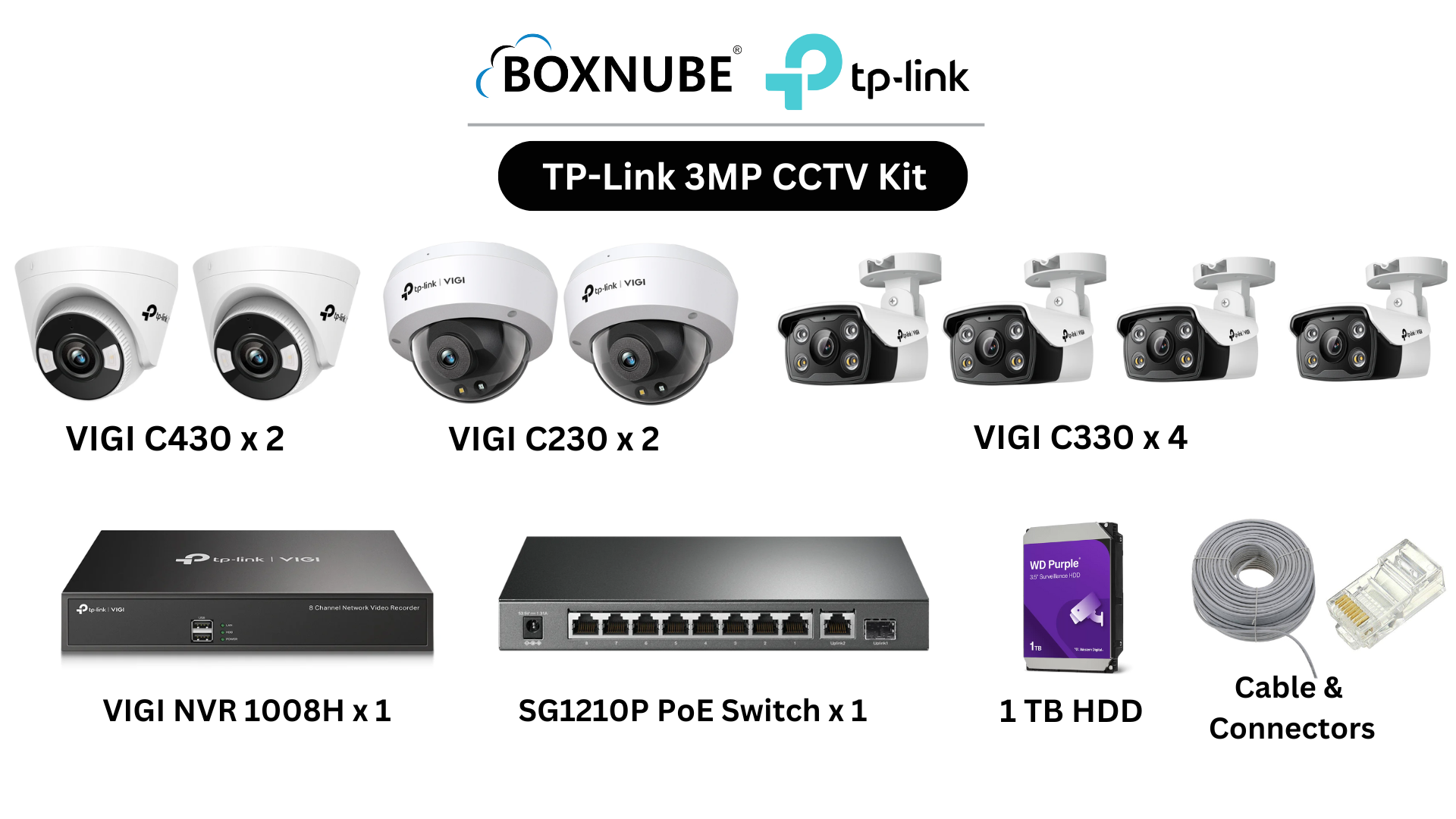 TP-Link VIGI 3MP 8 Camera Kit Bundle 4x C330 Bullet 2x C430 Turret, 2x C230 Dome, 8 Channel NVR, 8 Port Gigabit PoE Switch, 100M CAT6 Cable, RJ45 Plug