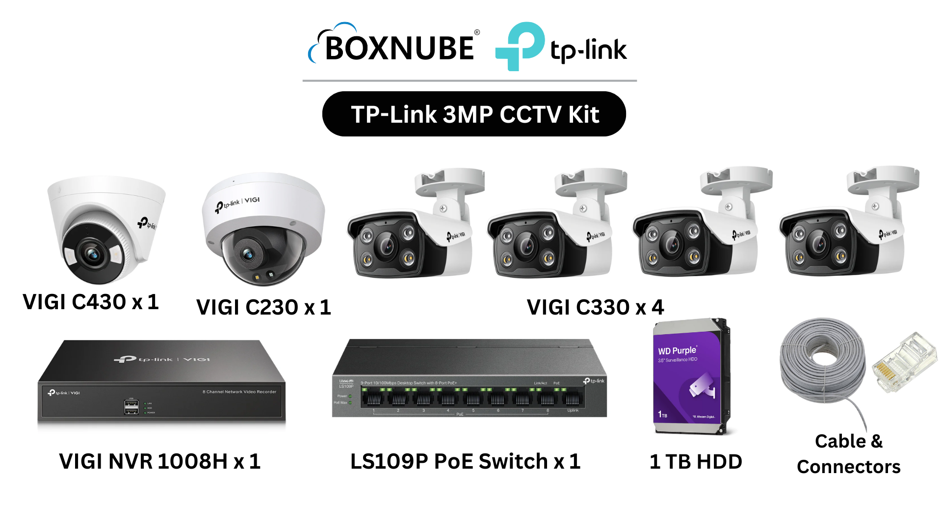 TP-Link VIGI 3MP 6 Camera Kit Bundle| 4x C330 Bullet, 1x C430 Turret, 1x C230 Dome, 8 Channel NVR, 8 Port PoE Switch, 100M CAT6 Cable, RJ45 Connectors