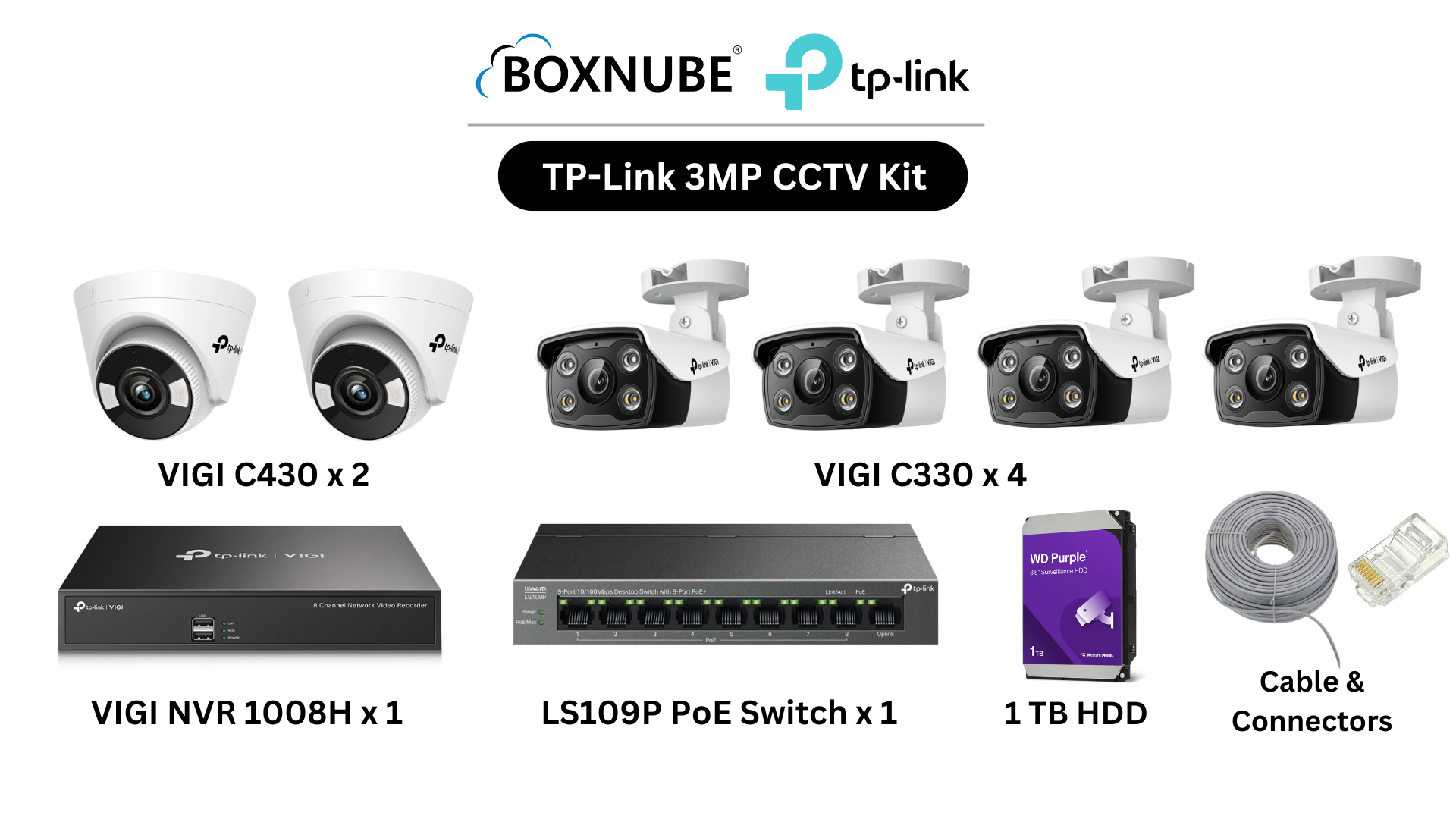 TP-Link VIGI 3MP Full HD 6 Camera Kit Bundle | 4 x VIGI C330, 2 x VIGI C430, 8 Channel NVR, 8 Port PoE Switch with 100M CAT6 Cable & RJ45 Connectors