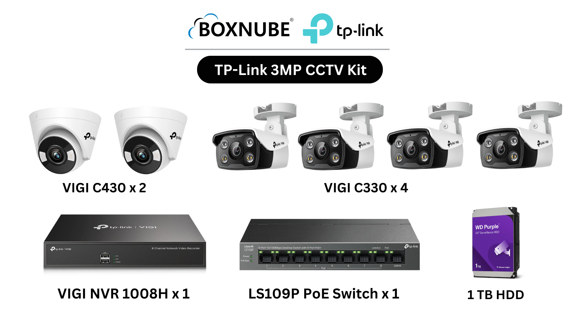 TP-Link VIGI 3MP Full HD 6 Camera Kit Bundle | 4 x VIGI C330, 2 x VIGI C430, 8 Channel NVR, 8 Port PoE Switch | Ideal for homes, shops & small offices