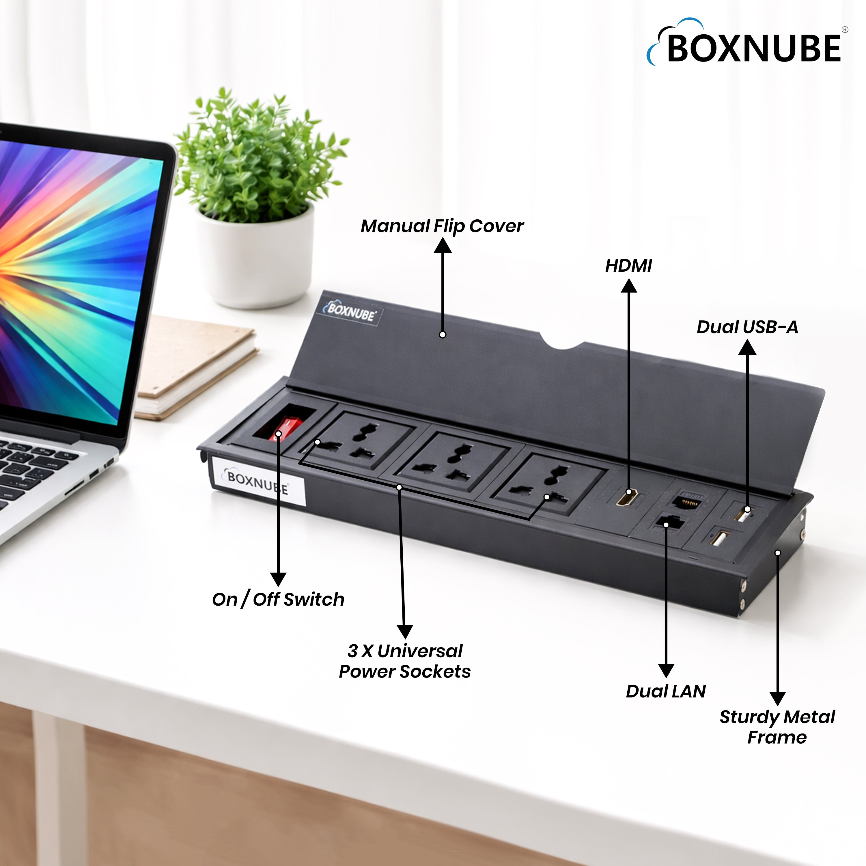 BOXNUBE Flip Top Table Mount Cable Cubby with 3 Universal 6A Power Sockets, 2 USB-A Ports, HDMI & 2 LAN, Aluminium Conference Table Power Box
