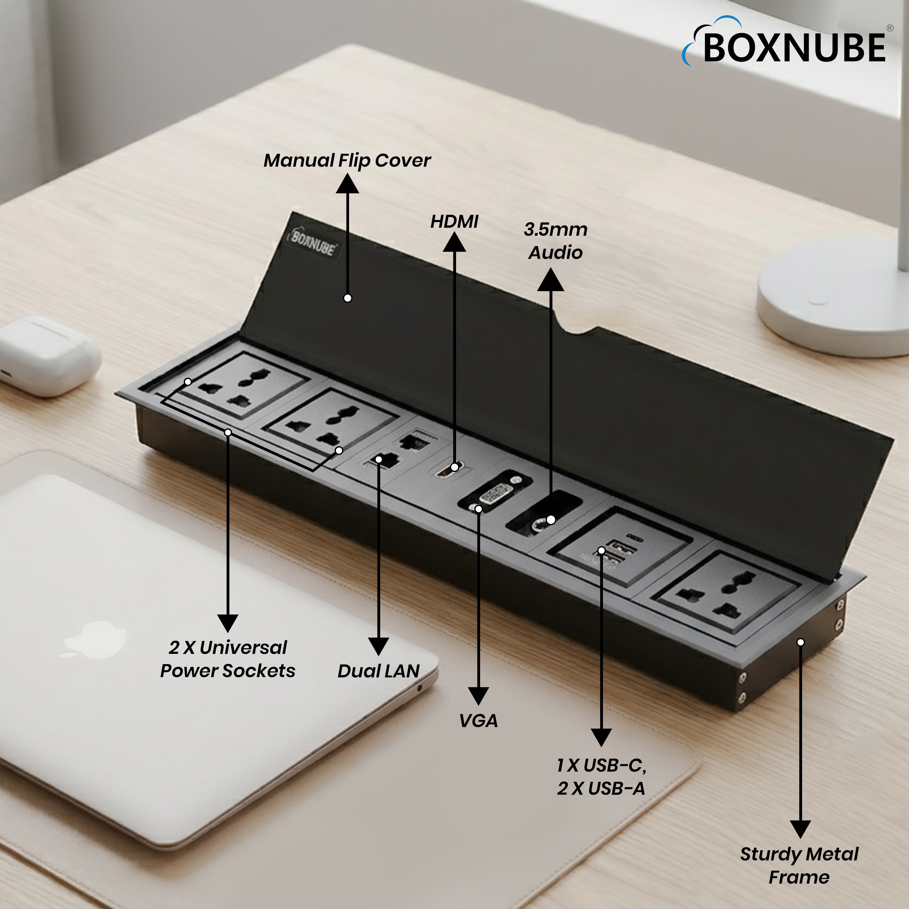 BOXNUBE Fliptop Box Cable Cubby Extension Board with Universal Power Sockets, LAN, HDMI, VGA, Aux, USB-A & USB-C Type C Ports