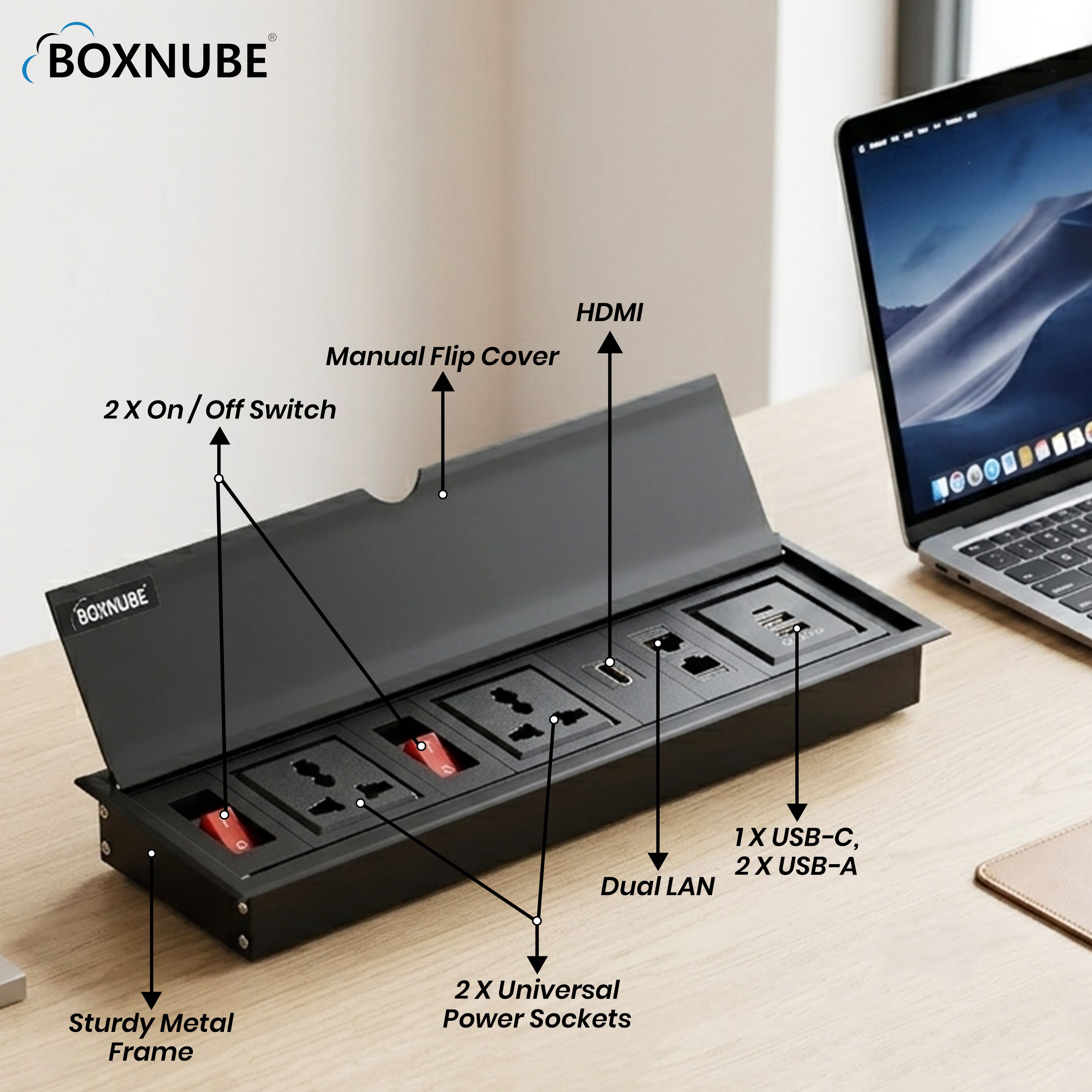 BOXNUBE Flip Top Table Mount Cable Cubby with USB-C and USB-A Charging, HDMI, 2 LAN & 2 Universal 6A Power Sockets