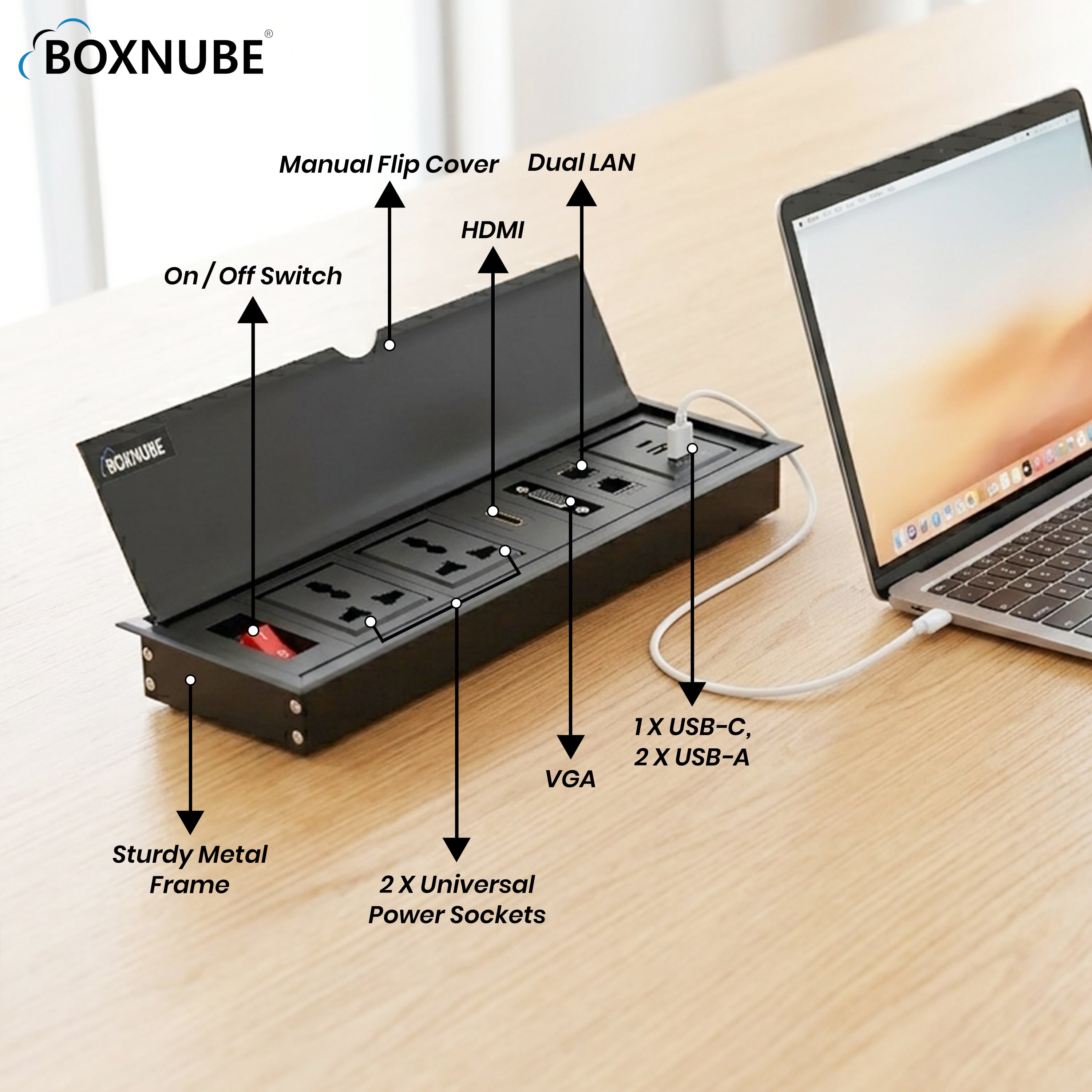 BOXNUBE Flip Top Table Mount Power & Data Cable Cubby with HDMI, VGA, Dual LAN, USB-A, USB-C Charging, 2 Universal 6A Sockets | Aluminium Body