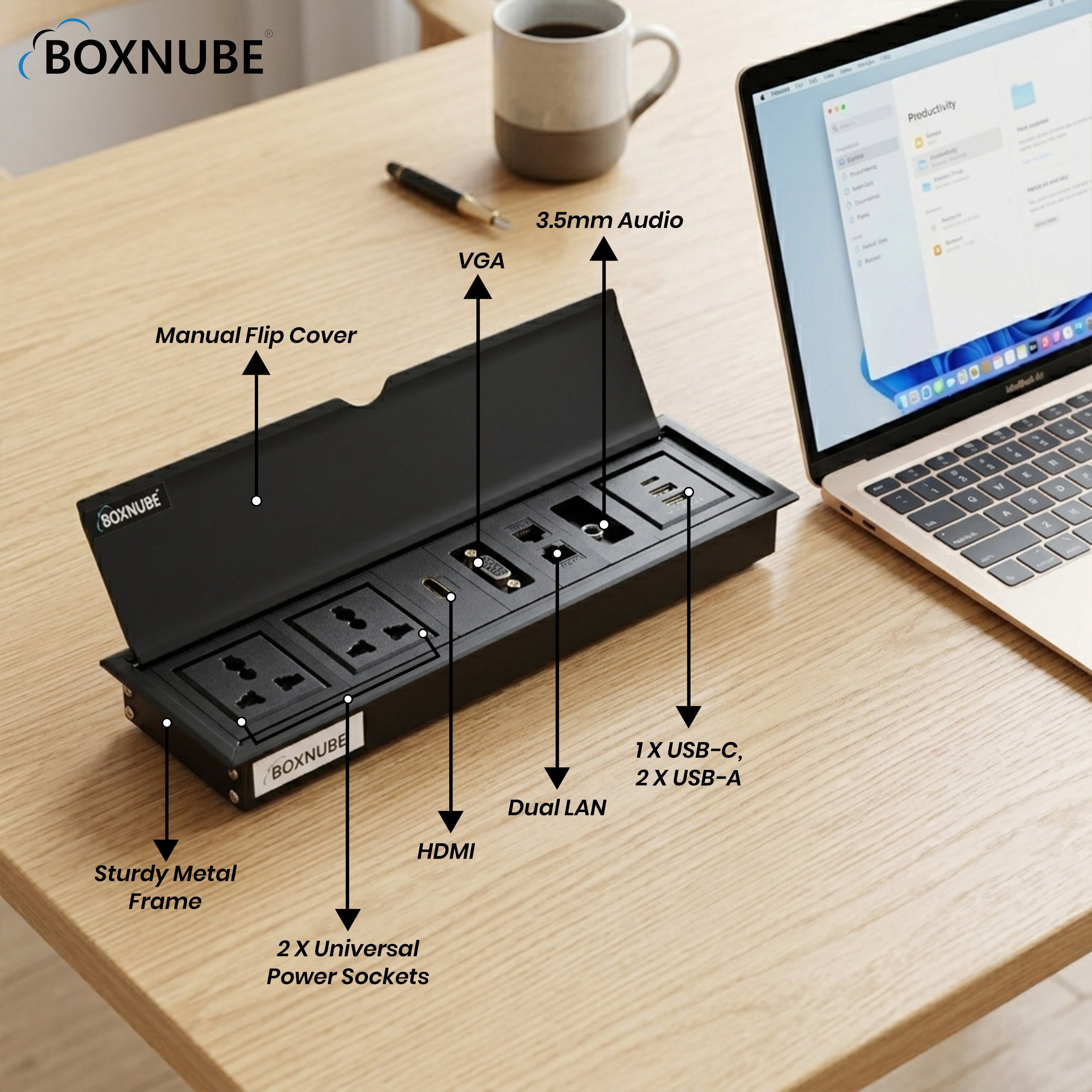 BOXNUBE Flip Top Cable Cubby with HDMI, VGA, AUX, USB-C & USB-A Charging, 2 LAN and 2 Universal 6A Power Sockets, Aluminium Conference Table Power Box