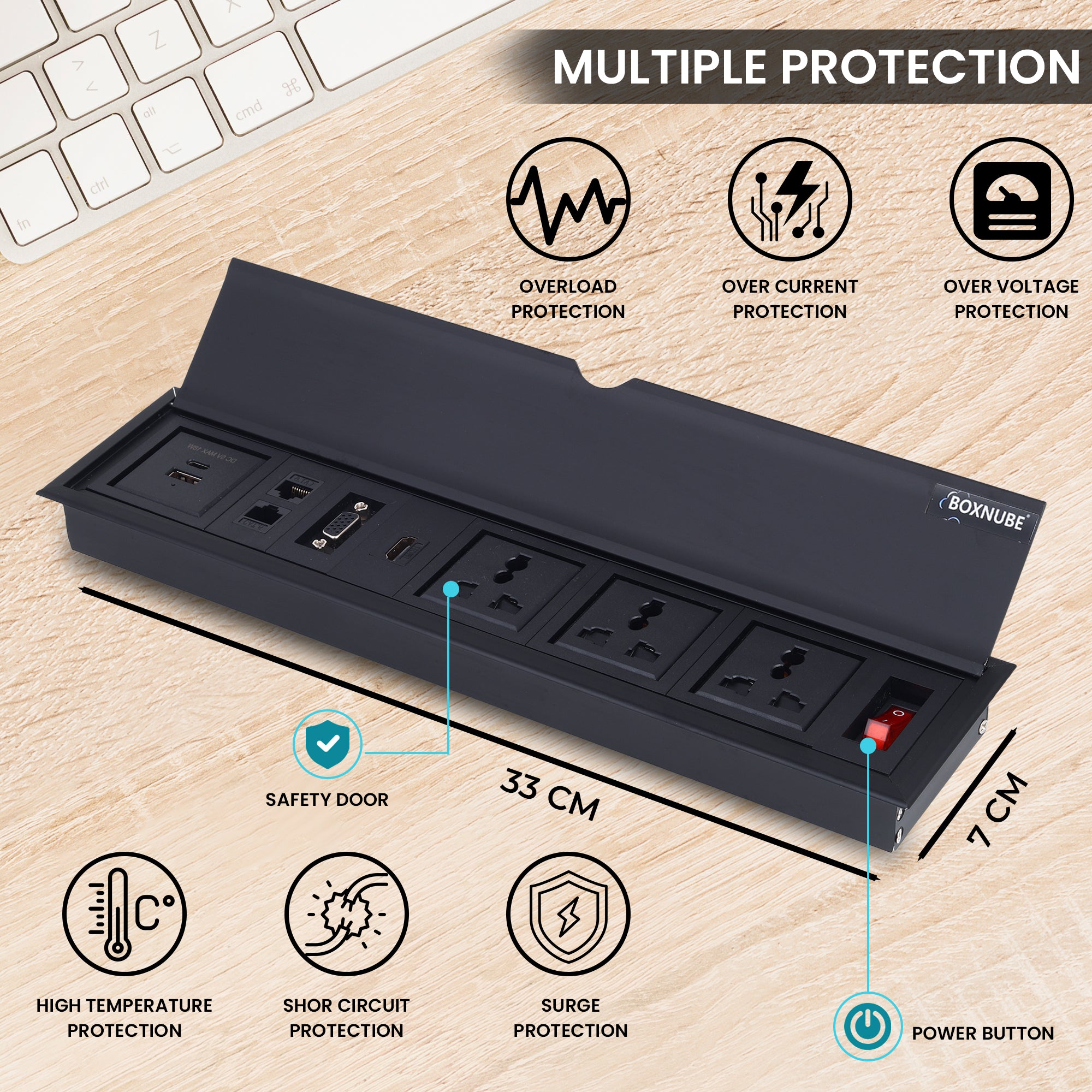 BOXNUBE Fliptop Box Cable Cubby Extension Board with On/Off Switch, Universal Power Sockets, LAN , HDMI , VGA , USB-A & USB-C Type C Ports