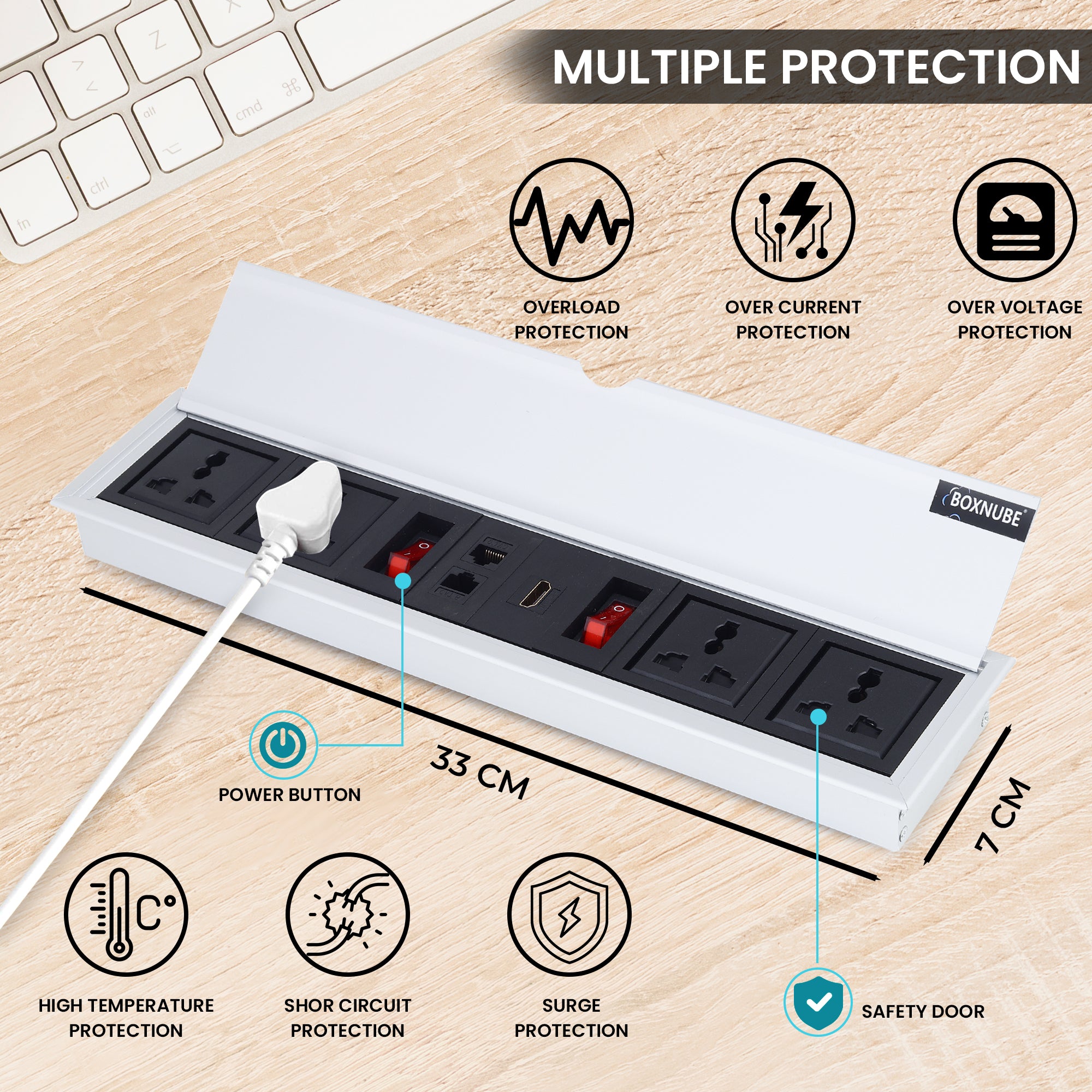 BOXNUBE Fliptop Box Cable Cubby Extension Board with 2 x On/Off Switch, 4 x Universal Power Sockets, 2 x LAN, HDMI Ports