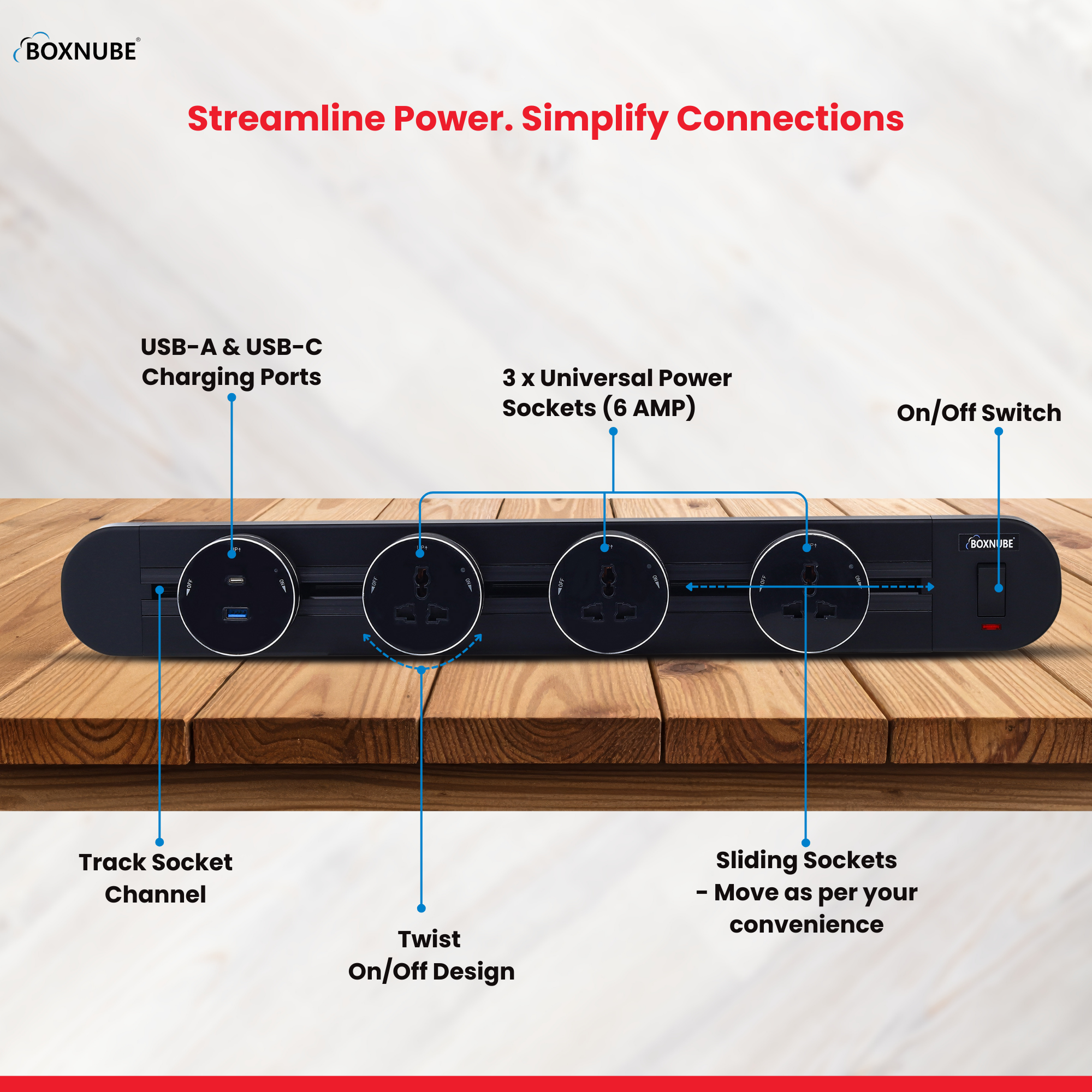 BOXNUBE Sliding Power Track Sockets Channel with Universal Power Sockets, USB-A & USB-C Charging Ports, Twist On/Off Design- Smart Space-Saving Extension Board