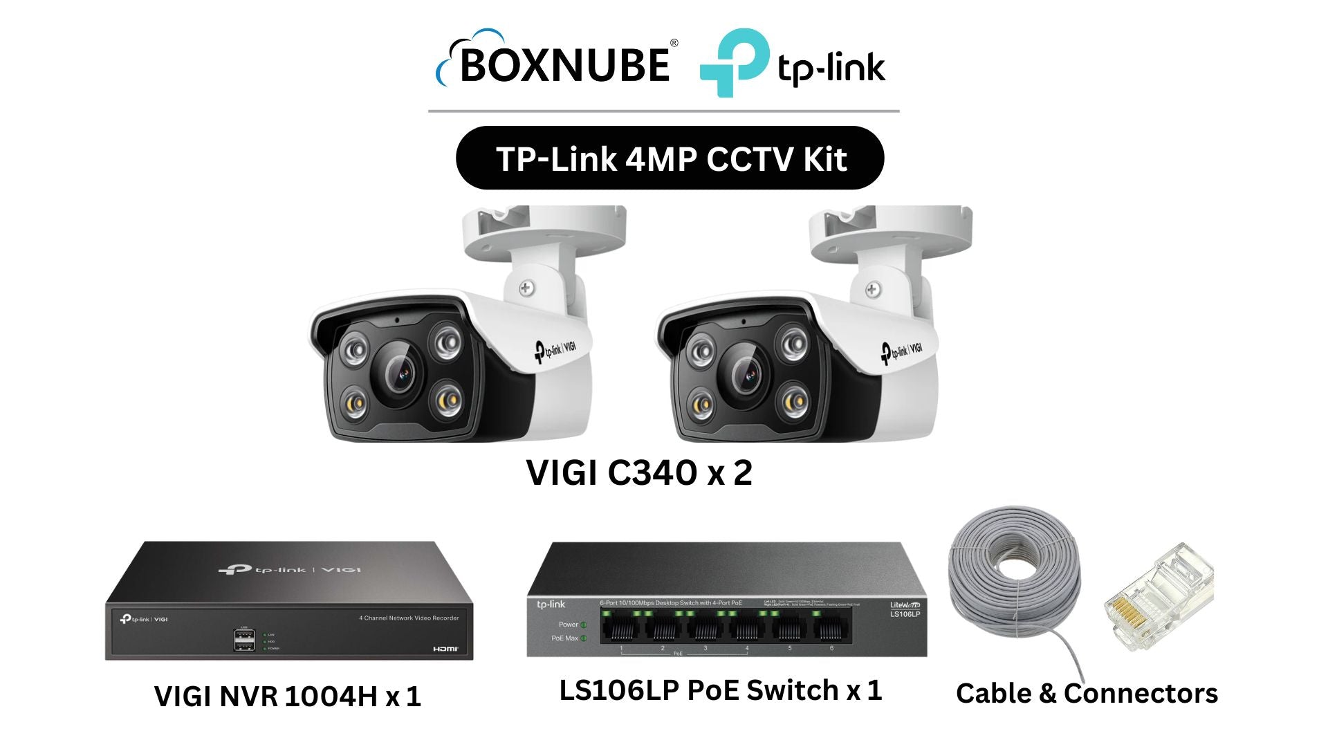 TP-Link VIGI 4MP Full HD 2 Camera Kit Bundle | 2 x VIGI C340, 1 x 4 Channel NVR, 1 x 4+2 Port PoE Switch with 100M CAT6 Cable & RJ45 Connectors