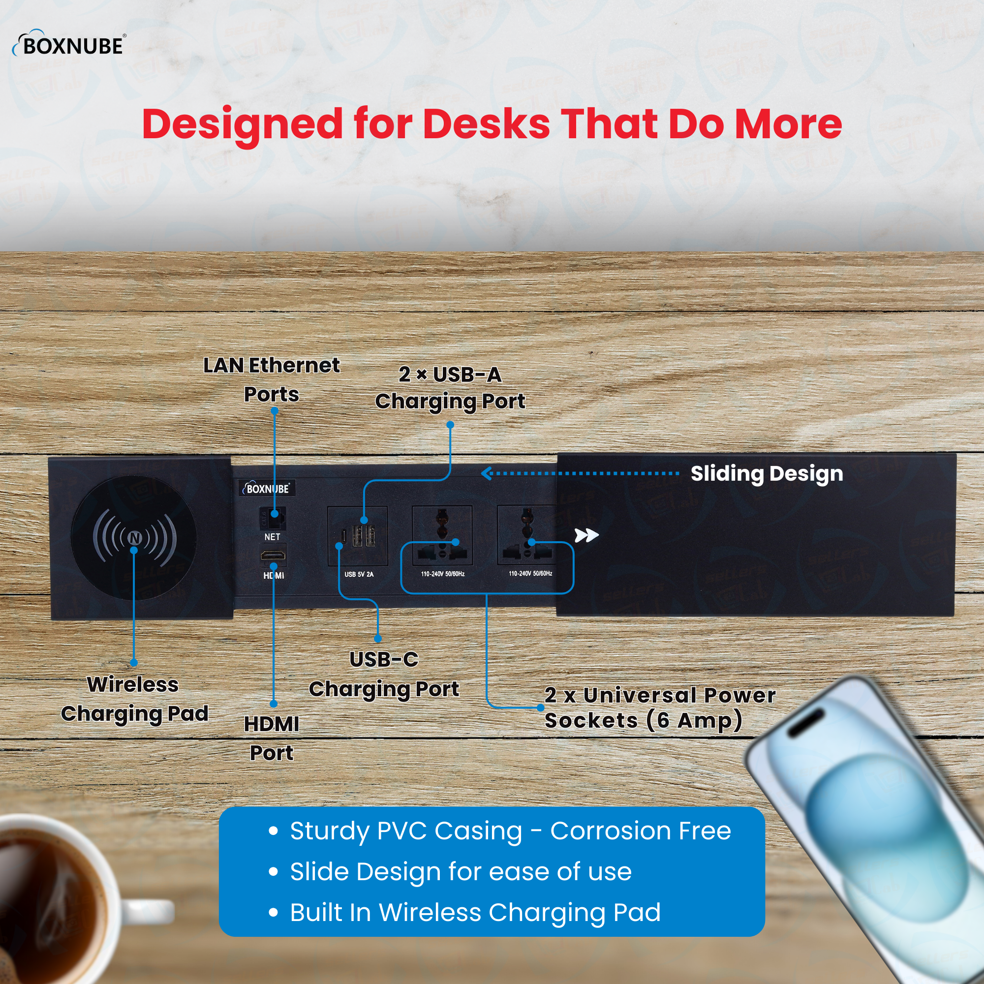 BOXNUBE Desk Cable Cubby Power Box with Wireless Charger, USB-A USB-C Charging Ports, HDMI, LAN, Universal Sockets, Sliding Extension Board