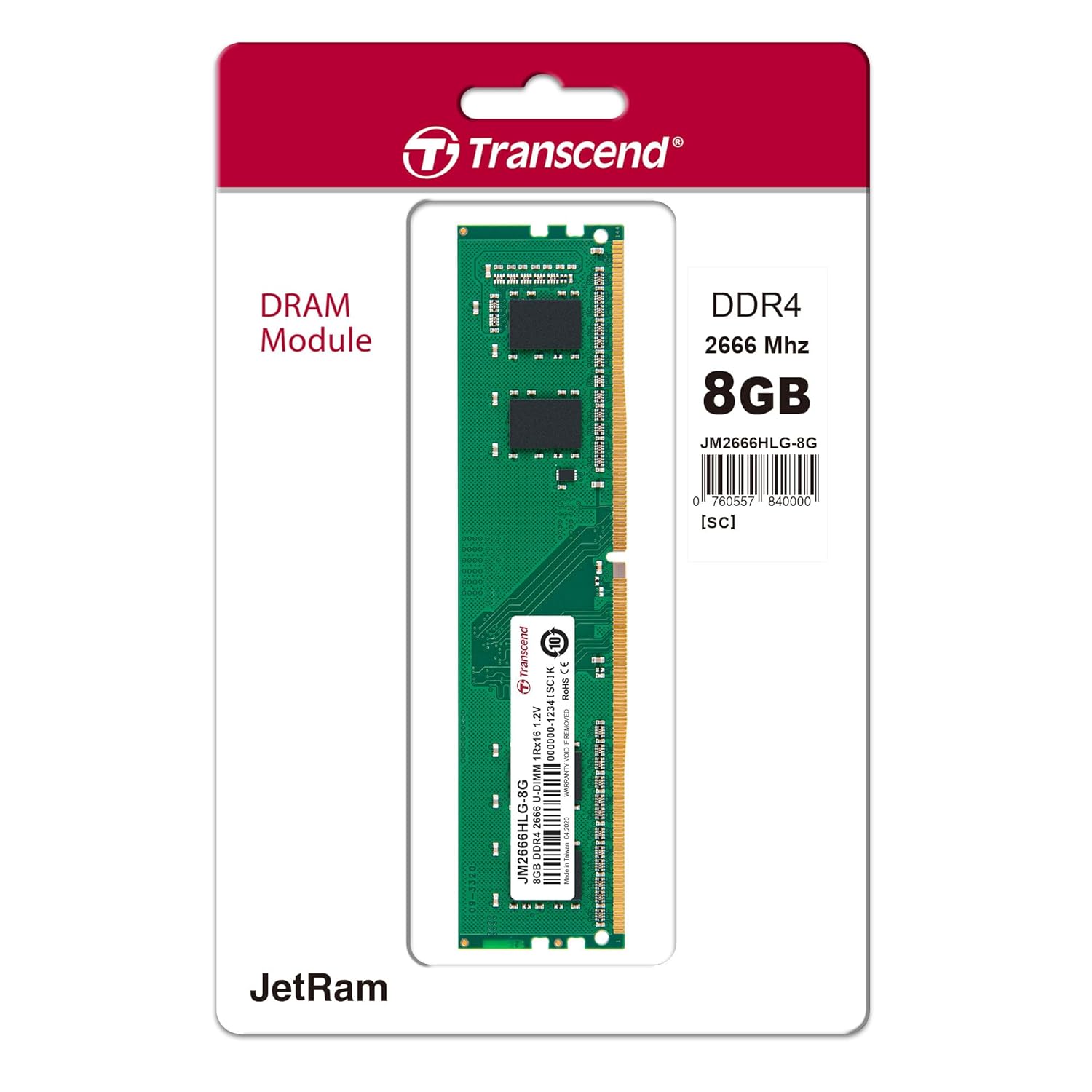 Transcend JetRam Memory DDR4 2666MHz U-DIMM Desktop RAM | 1Rx16, CL19, 1.2V | 4GB, 8GB