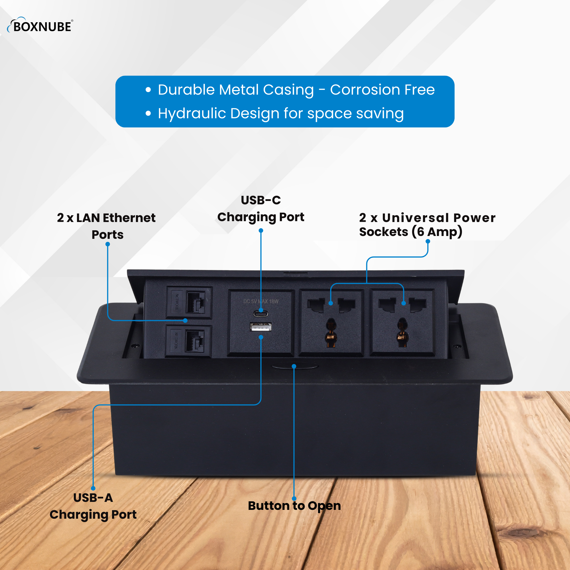 BOXNUBE Hydraulic Flip-Up Cable Cubby with 2 Universal Sockets, USB-A & USB-C Charging Ports, 2 LAN Ethernet Ports, Pop-Up Power Box for Office Tables