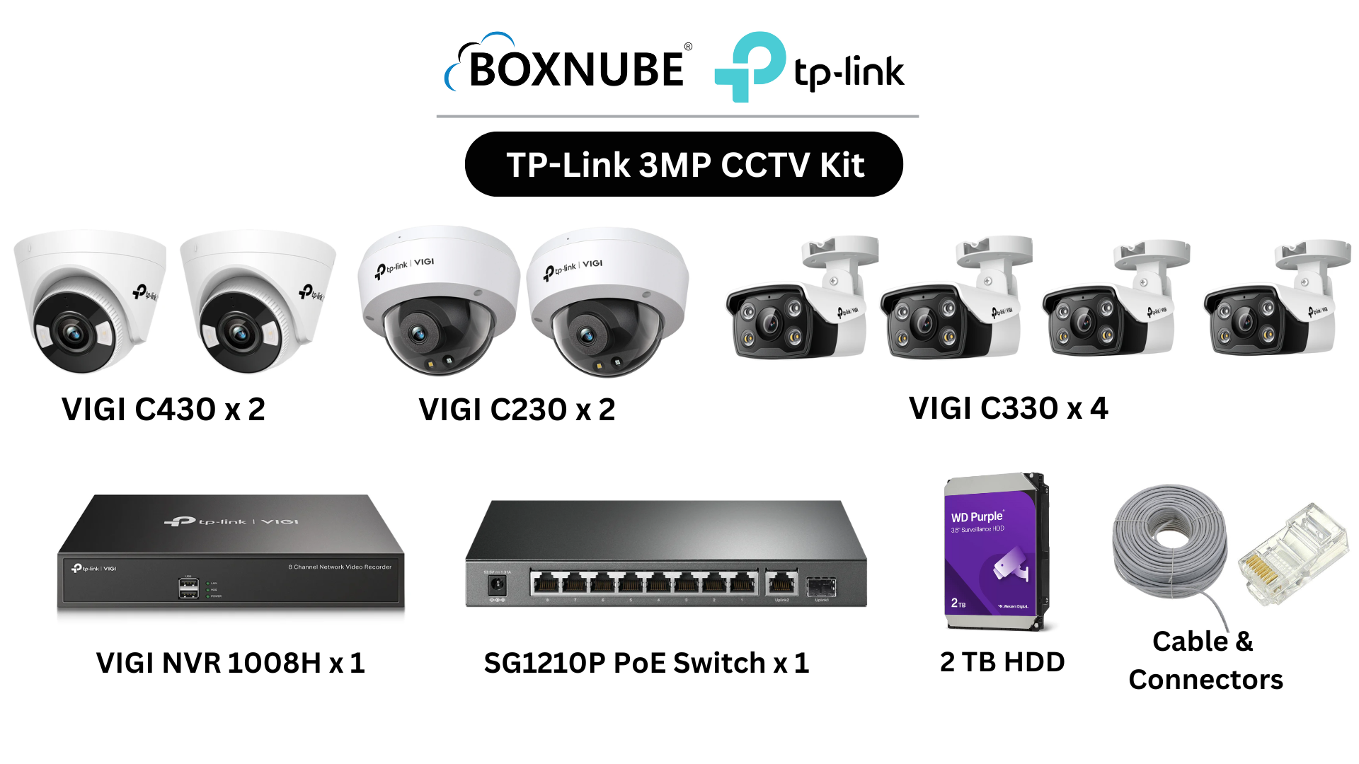 TP-Link VIGI 3MP 8 Camera Kit Bundle 4x C330 Bullet 2x C430 Turret, 2x C230 Dome, 8 Channel NVR, 8 Port Gigabit PoE Switch, 100M CAT6 Cable, RJ45 Plug