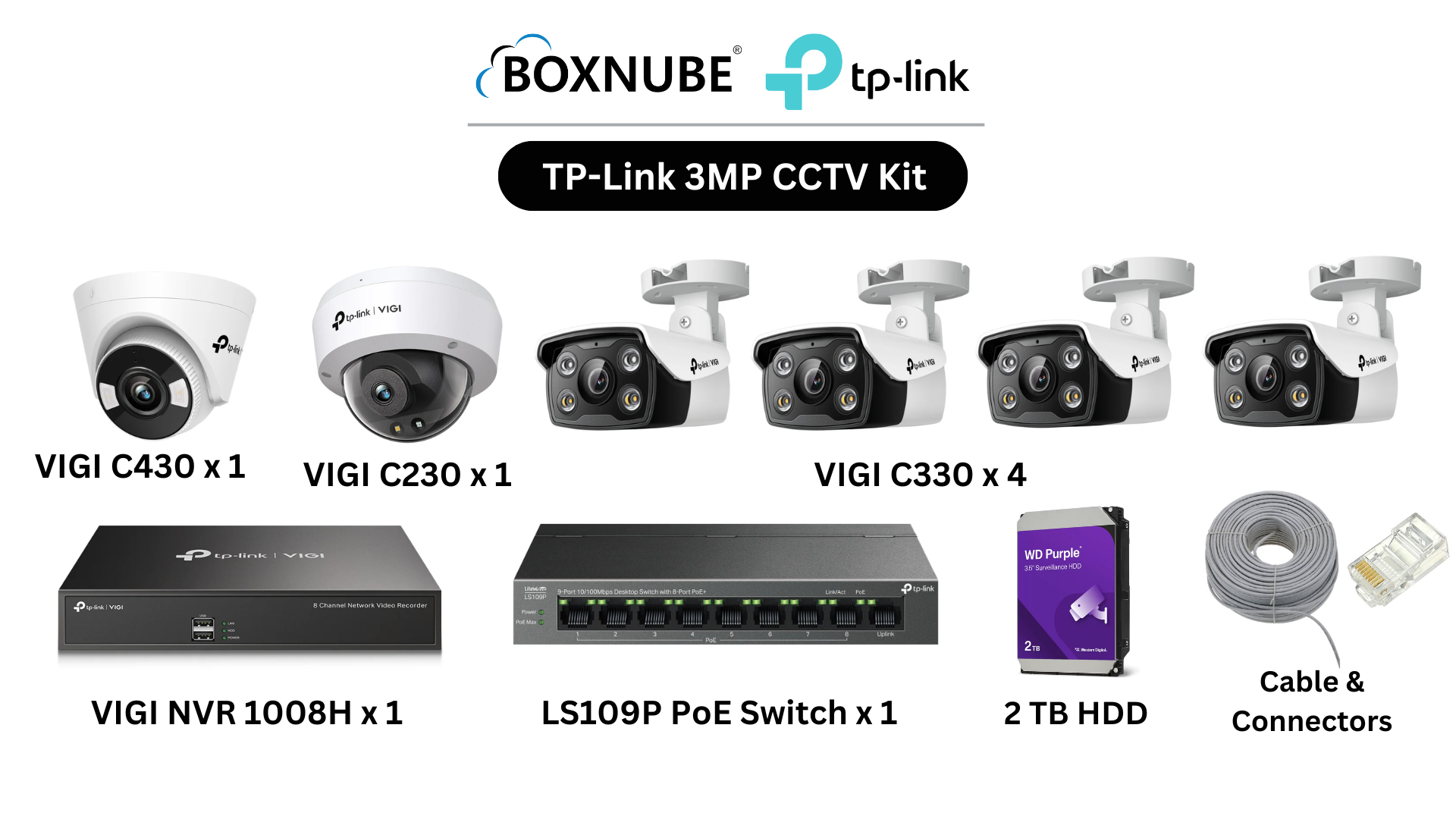 TP-Link VIGI 3MP 6 Camera Kit Bundle| 4x C330 Bullet, 1x C430 Turret, 1x C230 Dome, 8 Channel NVR, 8 Port PoE Switch, 100M CAT6 Cable, RJ45 Connectors