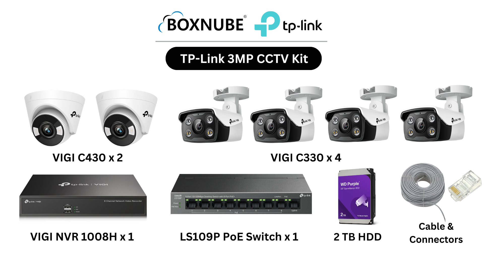 TP-Link VIGI 3MP Full HD 6 Camera Kit Bundle | 4 x VIGI C330, 2 x VIGI C430, 8 Channel NVR, 8 Port PoE Switch with 100M CAT6 Cable & RJ45 Connectors