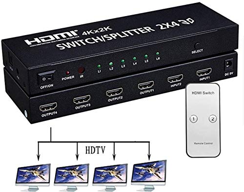 BOXNUBE HDMI 2x4 Matrix + Audio Extractor HDMI Switch Splitter Converter Switcher with Remote Control 2 in 4 Out 3D 1080p