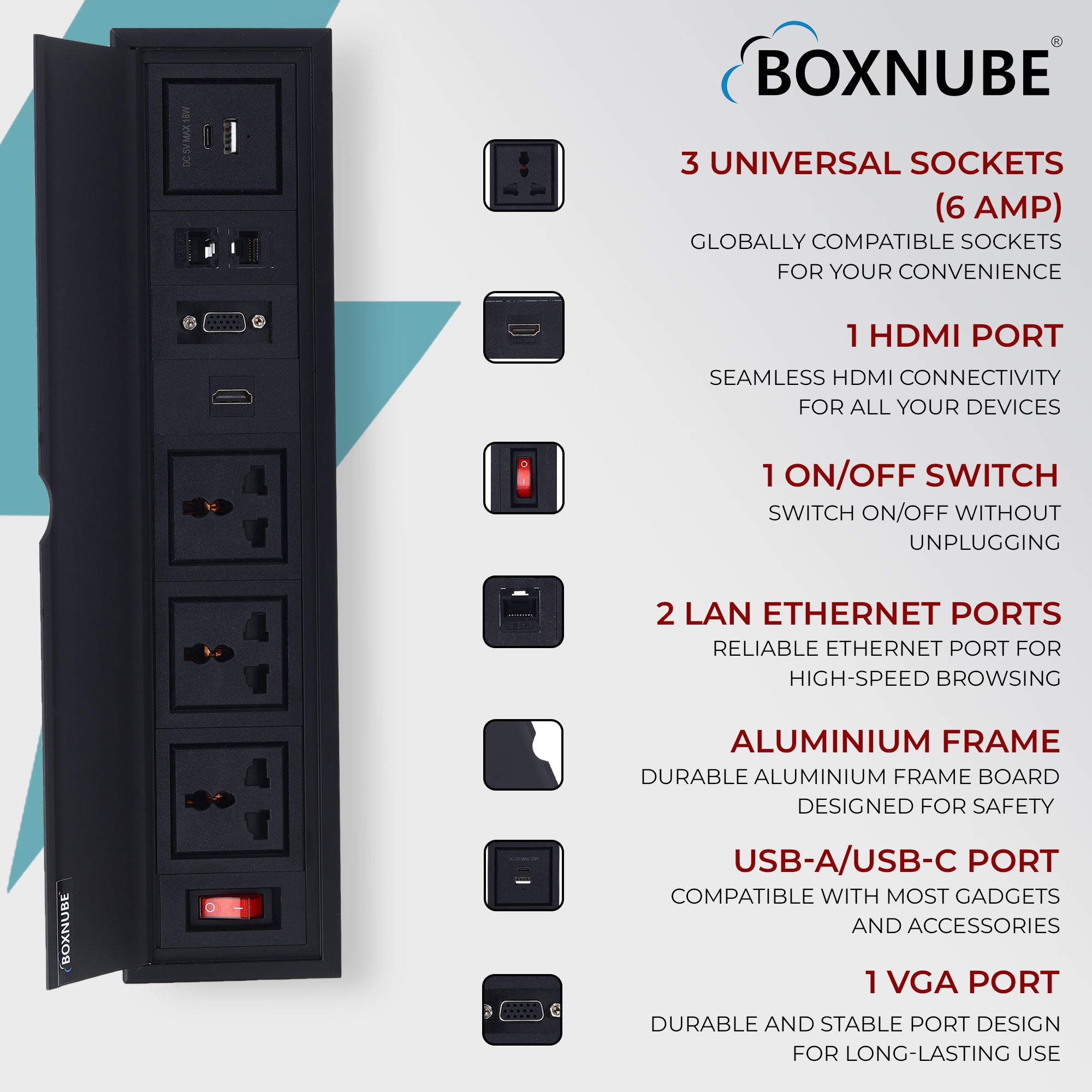 BOXNUBE Fliptop Box Cable Cubby Extension Board with On/Off Switch, Universal Power Sockets, LAN , HDMI , VGA , USB-A & USB-C Type C Ports