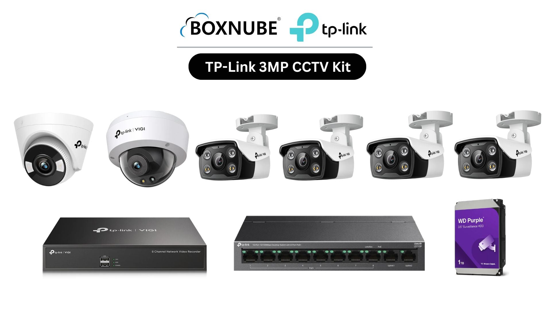 TP-Link VIGI 3MP Full HD 6 Camera Kit Bundle | 4 x VIGI C330 Bullet, 1 x VIGI C430 Turret, 1 x VIGI C230 Dome, 8 Channel NVR, 8 Port PoE Switch