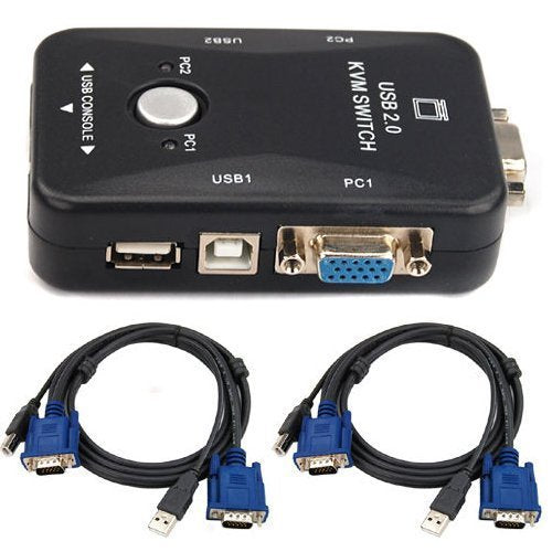 BOXNUBE 2 Port USB 2.0 KVM Switch Box with 2 KVM Cables to Control up to 2 Computers for Computer Sharing Video Mouse Keyboard Monitor