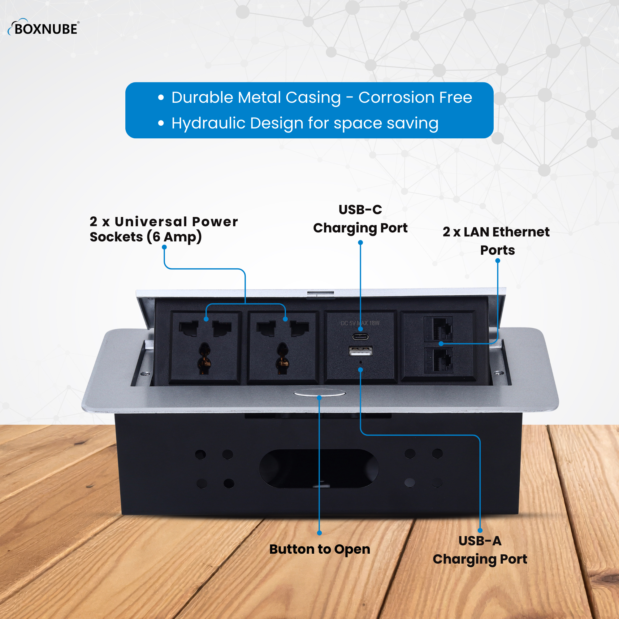 BOXNUBE Hydraulic Flip-Up Cable Cubby with 2 Universal Sockets, USB-A & USB-C Charging Ports, 2 LAN Ethernet Ports, Pop-Up Power Box for Office Tables