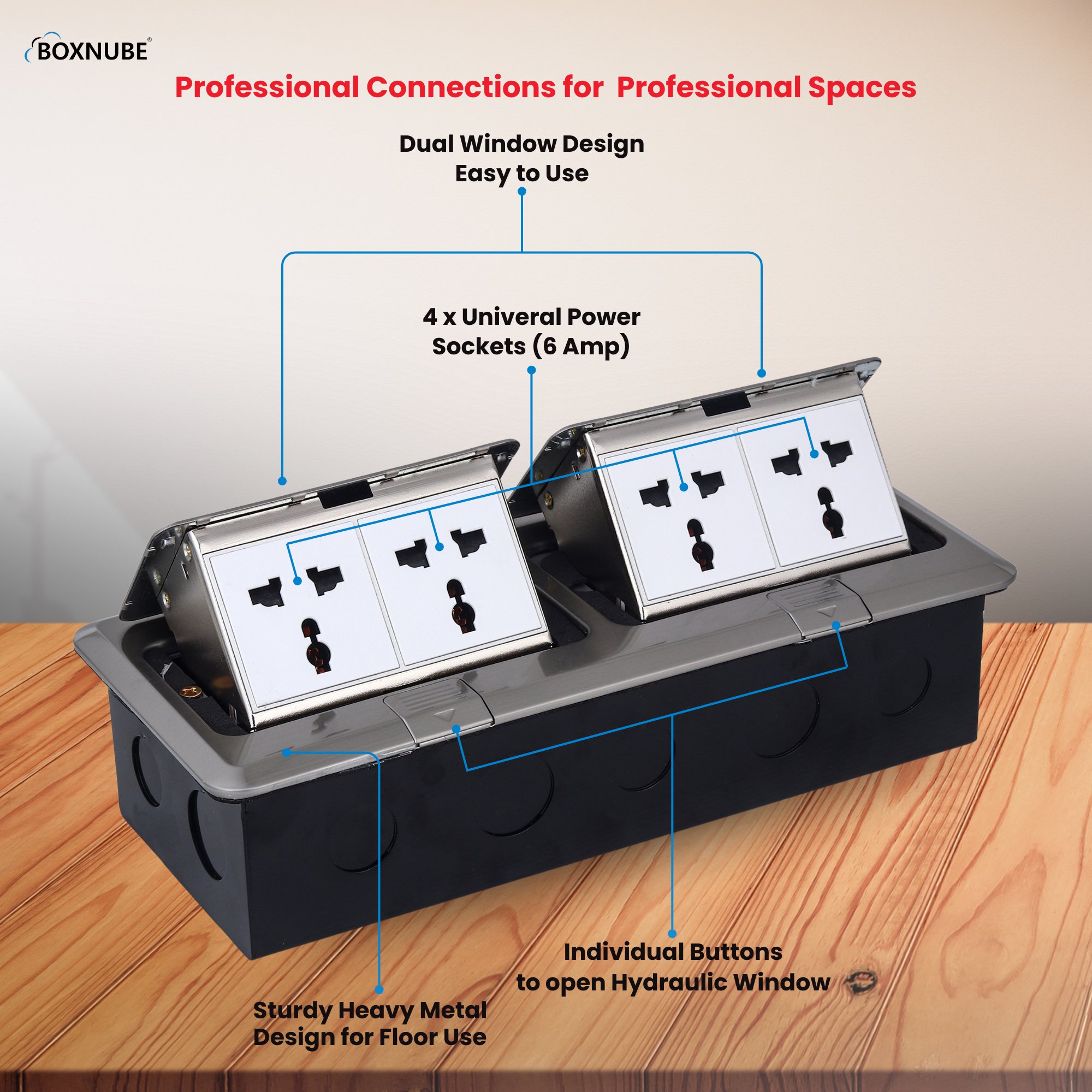 BOXNUBE 4 Module Dual-Window Floor Pop-Up Box with 4 Universal Power Sockets (6A) | Hydraulic Lift-Up Panels | Heavy Metal Design for Floors