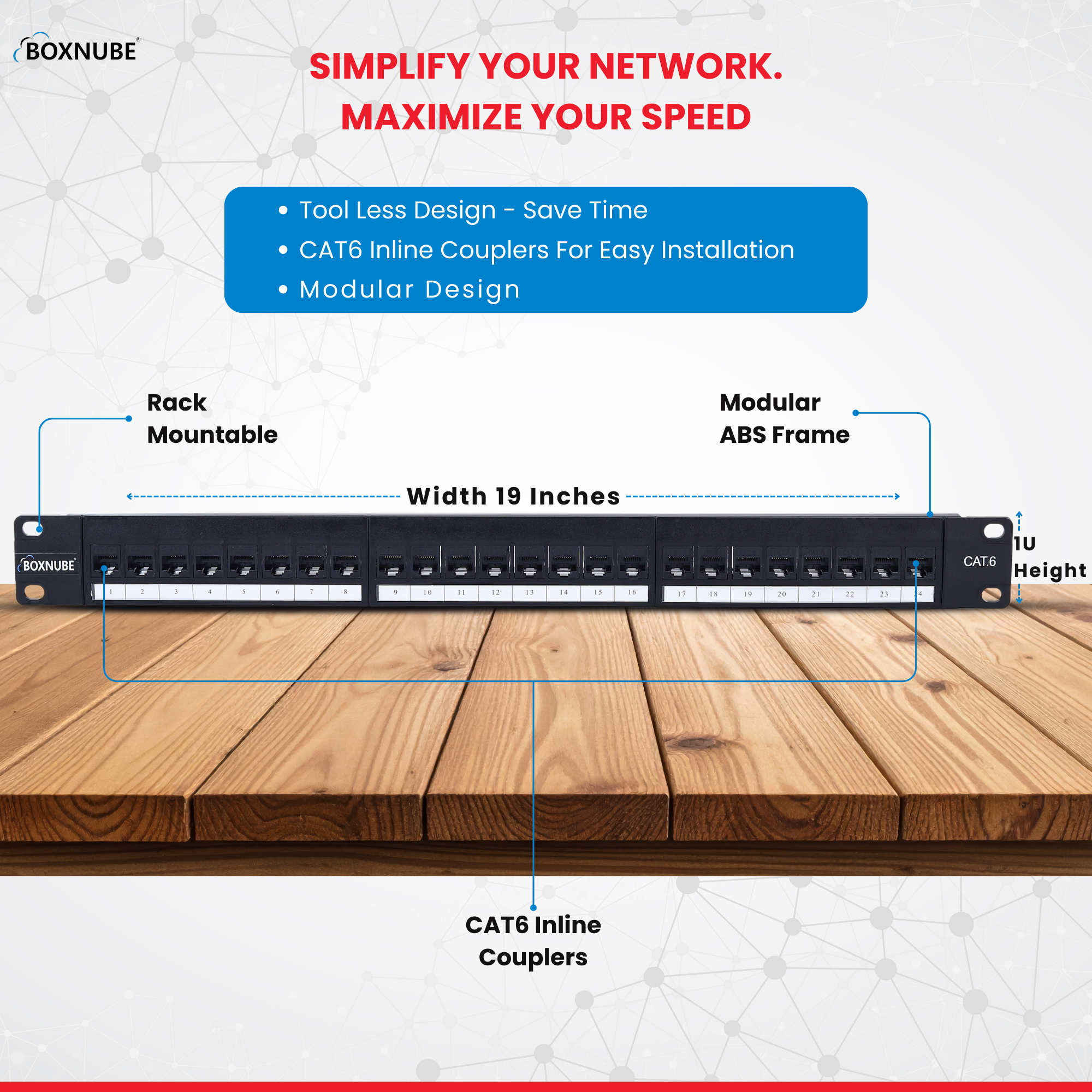 BOXNUBE CAT6 24 Port Loaded Patch Panel 1U 19 Inch Rack Mount with Tool Less Inline Couplers, Modular ABS Frame for Network Rack, Server & LAN Setup