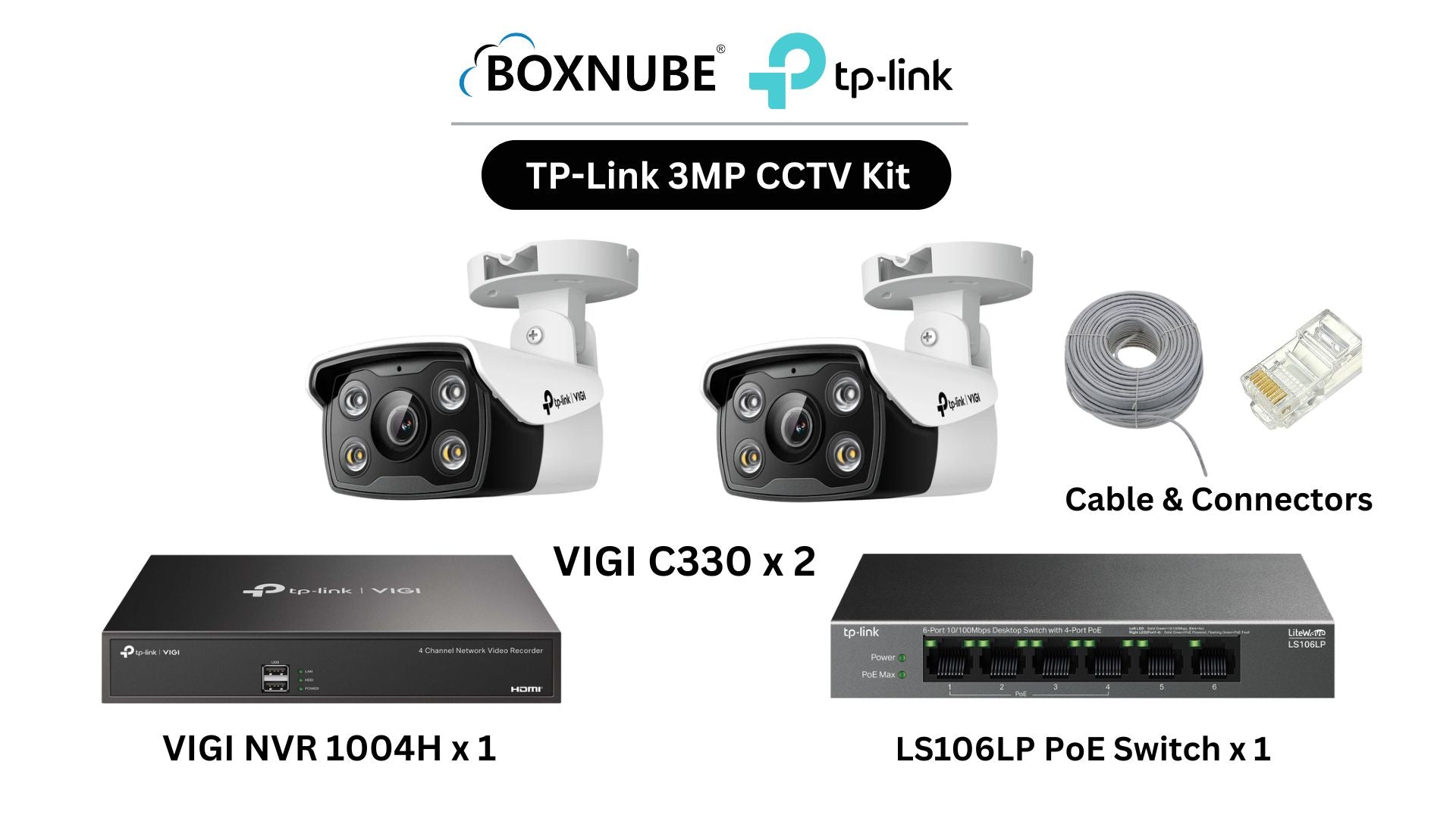 TP-Link VIGI 3MP Full HD 2 Camera Kit Bundle | 2 x VIGI C330, 1 x 4 Channel NVR, 1 x 4+2 Port PoE Switch with 100M CAT6 Cable & RJ45 Connectors