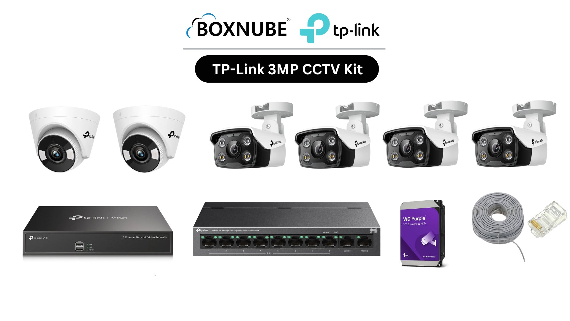 TP-Link VIGI 3MP Full HD 6 Camera Kit Bundle | 4 x VIGI C330, 2 x VIGI C430, 8 Channel NVR, 8 Port PoE Switch with 100M CAT6 Cable & RJ45 Connectors