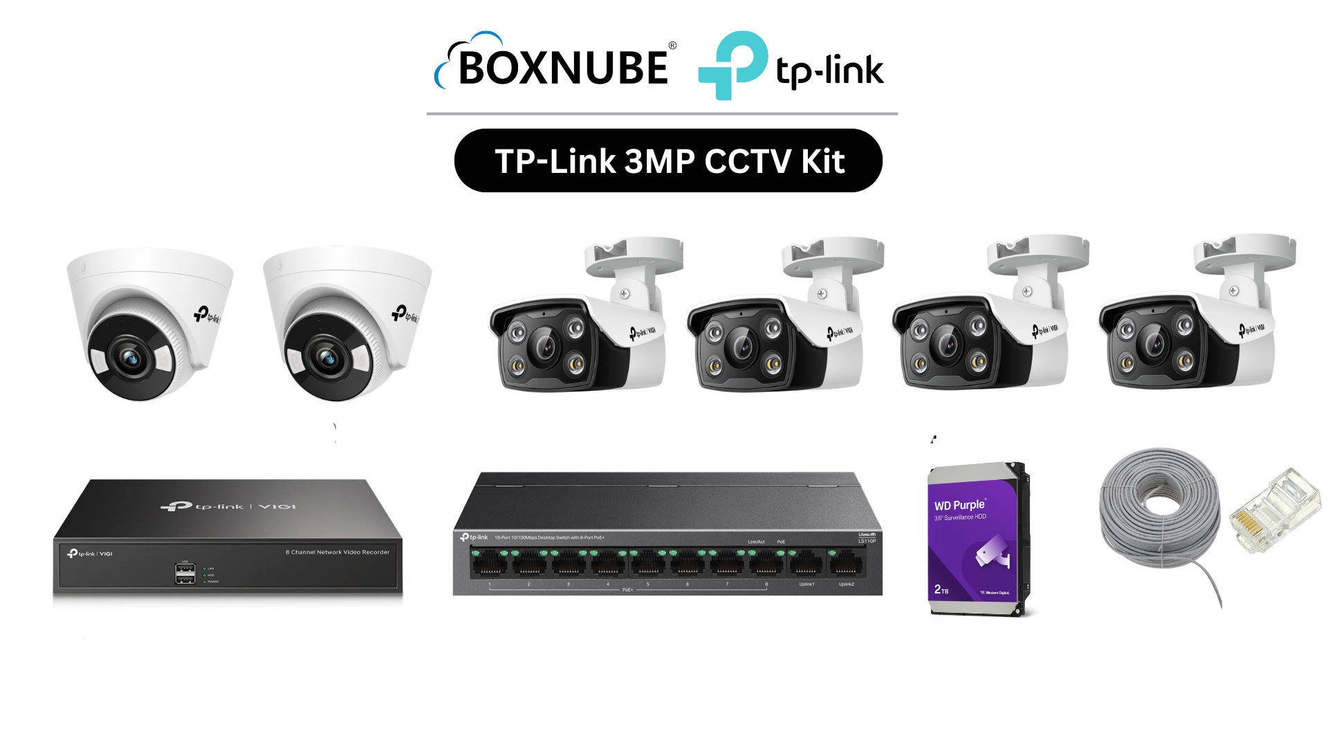 TP-Link VIGI 3MP Full HD 6 Camera Kit Bundle | 4 x VIGI C330, 2 x VIGI C430, 8 Channel NVR, 8 Port PoE Switch with 100M CAT6 Cable & RJ45 Connectors
